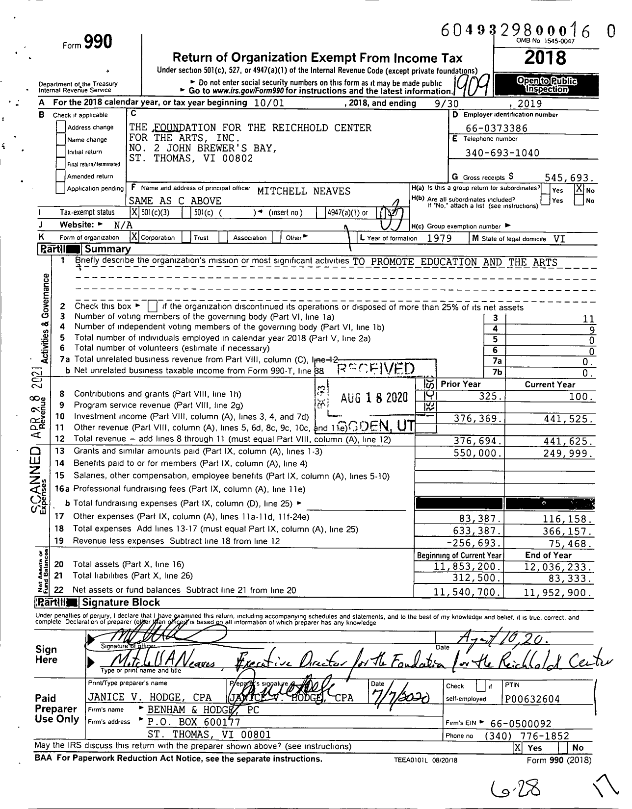 Image of first page of 2018 Form 990 for The Foundation for the Reichhold Center for the Arts