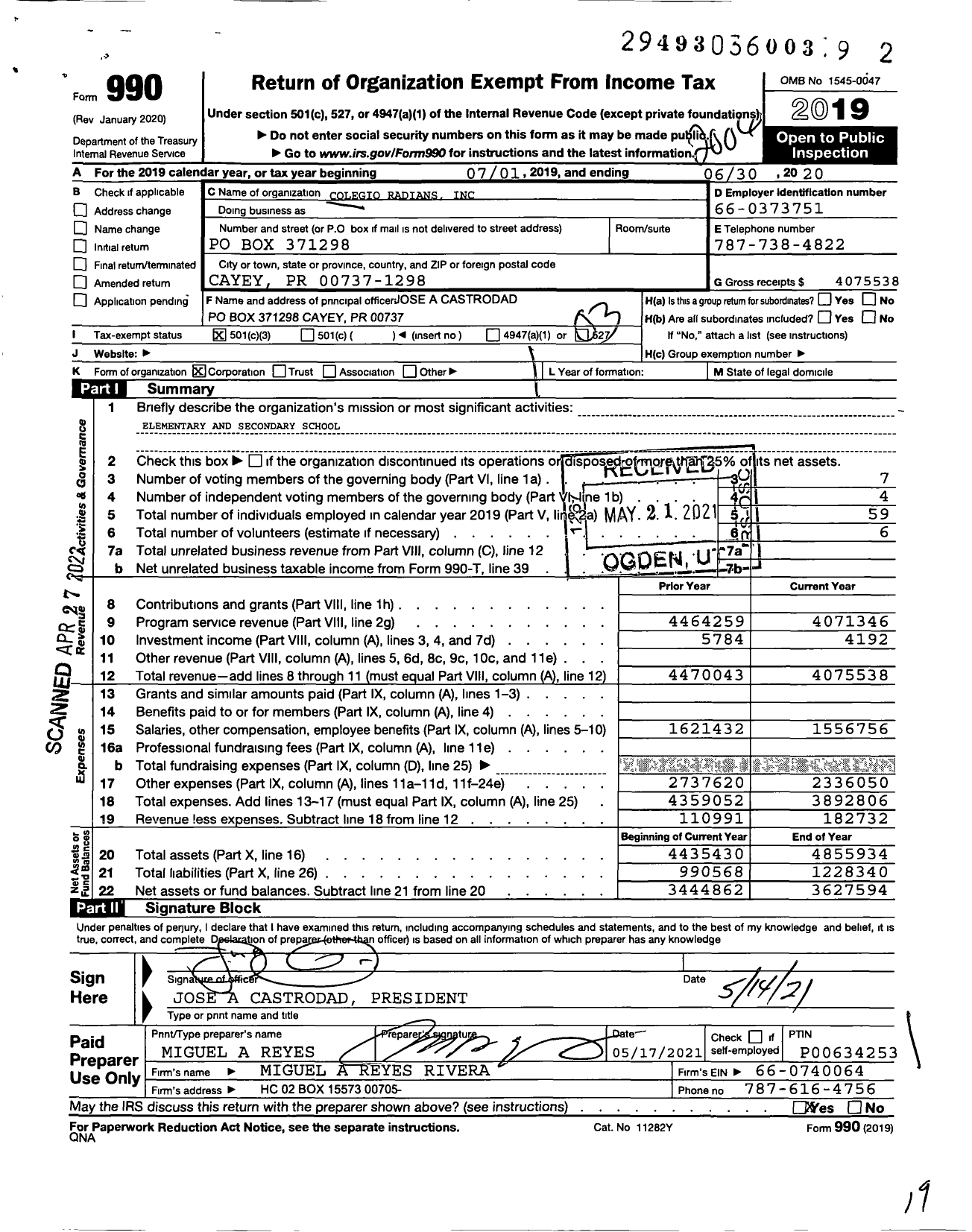 Image of first page of 2019 Form 990 for Colegio Radians