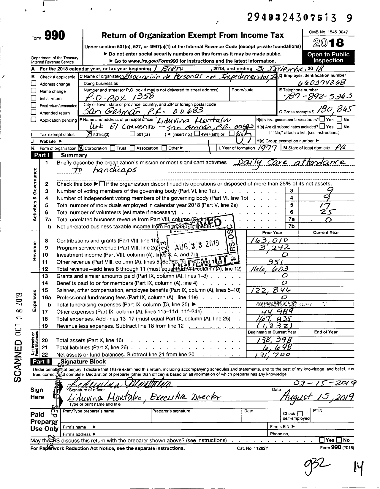 Image of first page of 2018 Form 990 for Asociacion de Personas Con Impedimentos Ntos