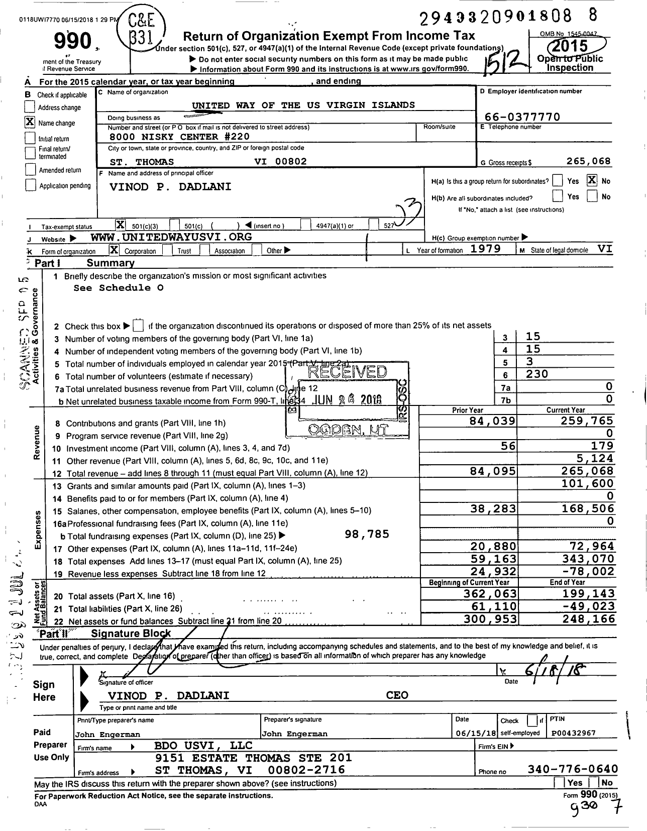Image of first page of 2015 Form 990 for United Way of the Us Virgin Islands