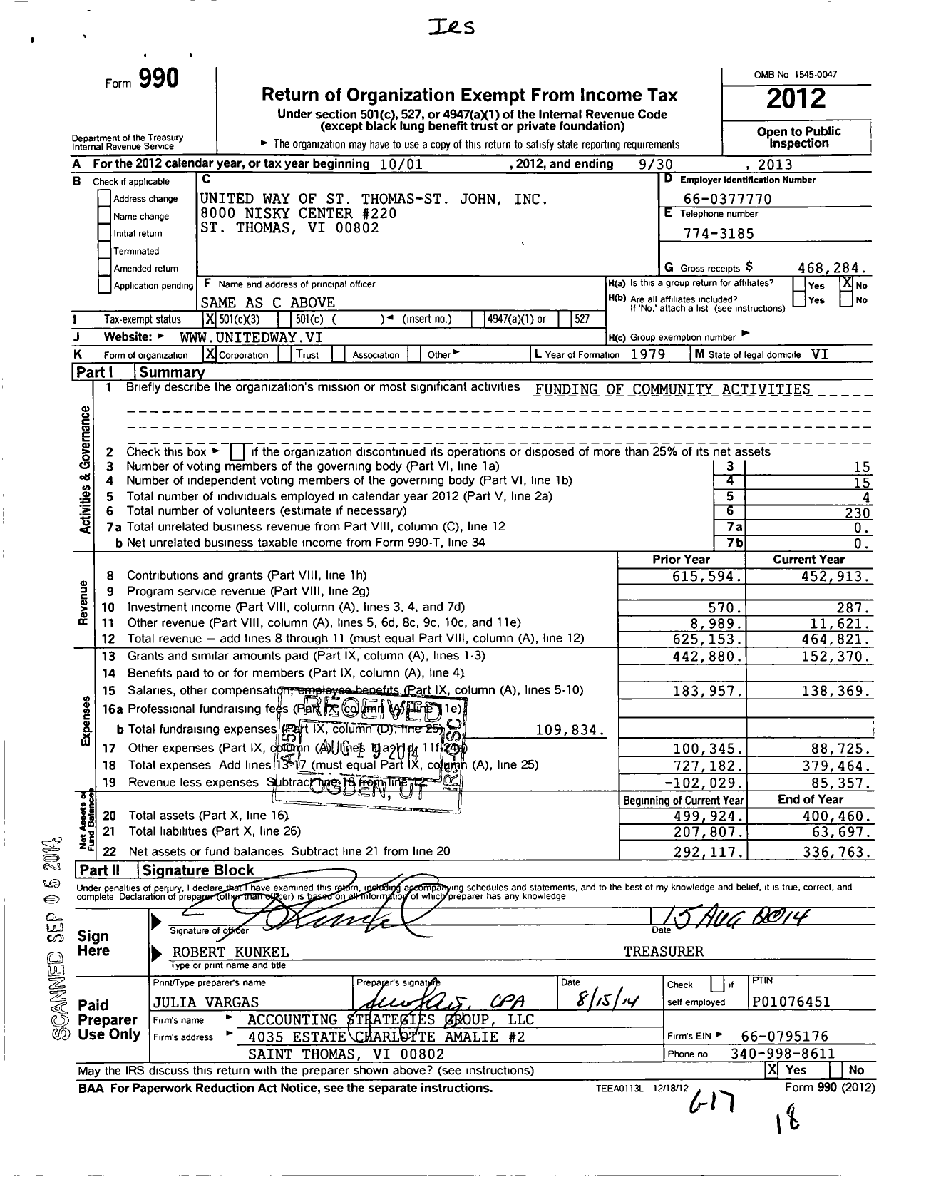 Image of first page of 2012 Form 990 for United Way of the Us Virgin Islands