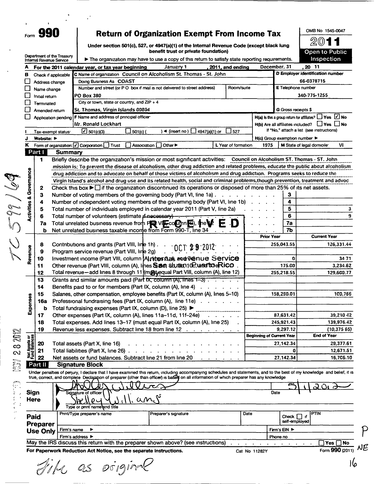 Image of first page of 2011 Form 990 for Council on Alcoholism and Drug Dependence St Thomas and St John