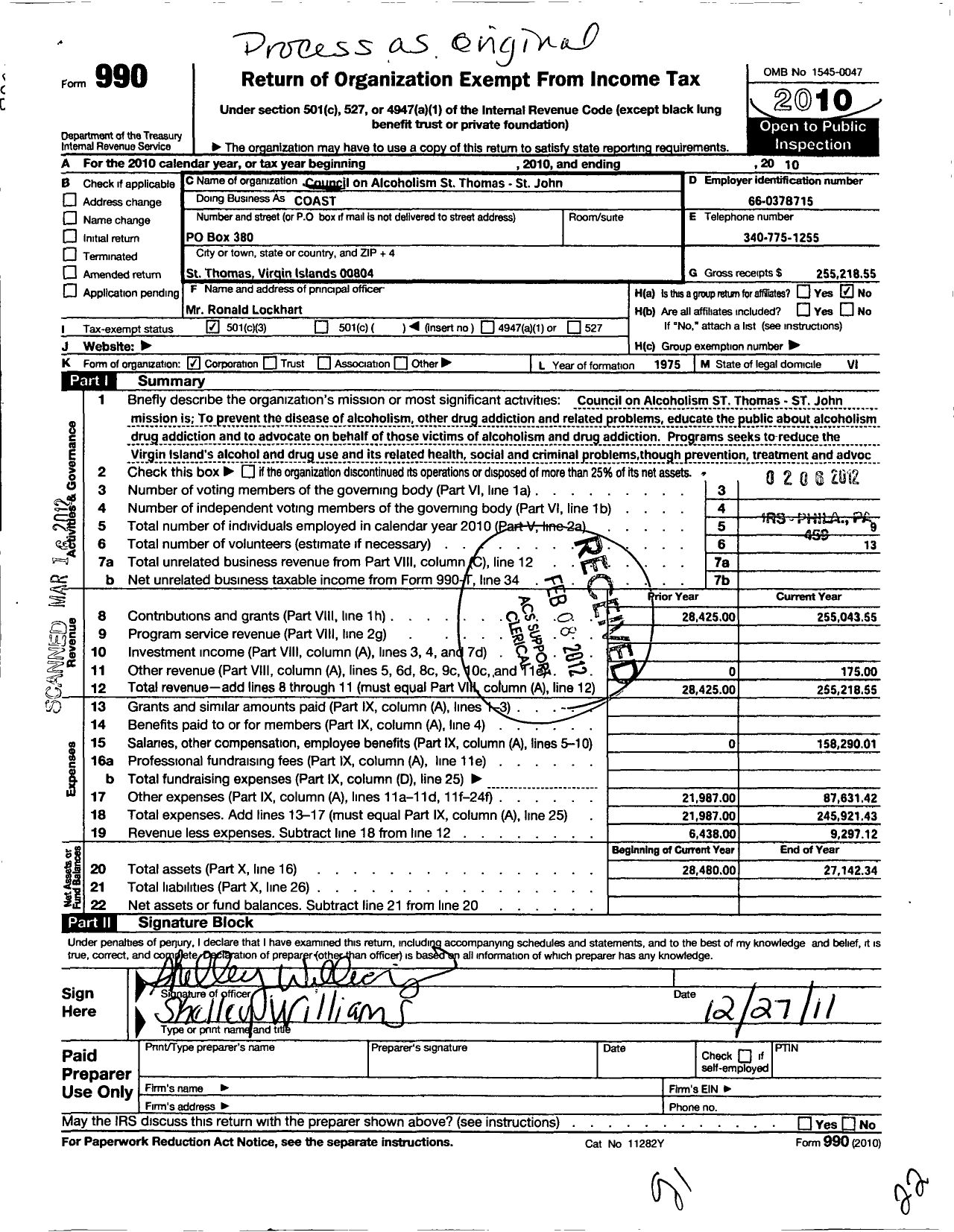 Image of first page of 2010 Form 990 for Council on Alcoholism and Drug Dependence St Thomas and St John