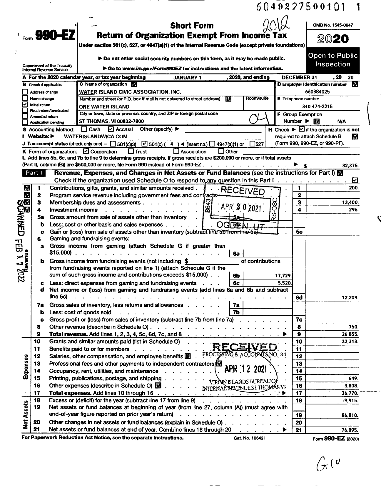 Image of first page of 2020 Form 990EO for Water Island Civic Association Incorporated