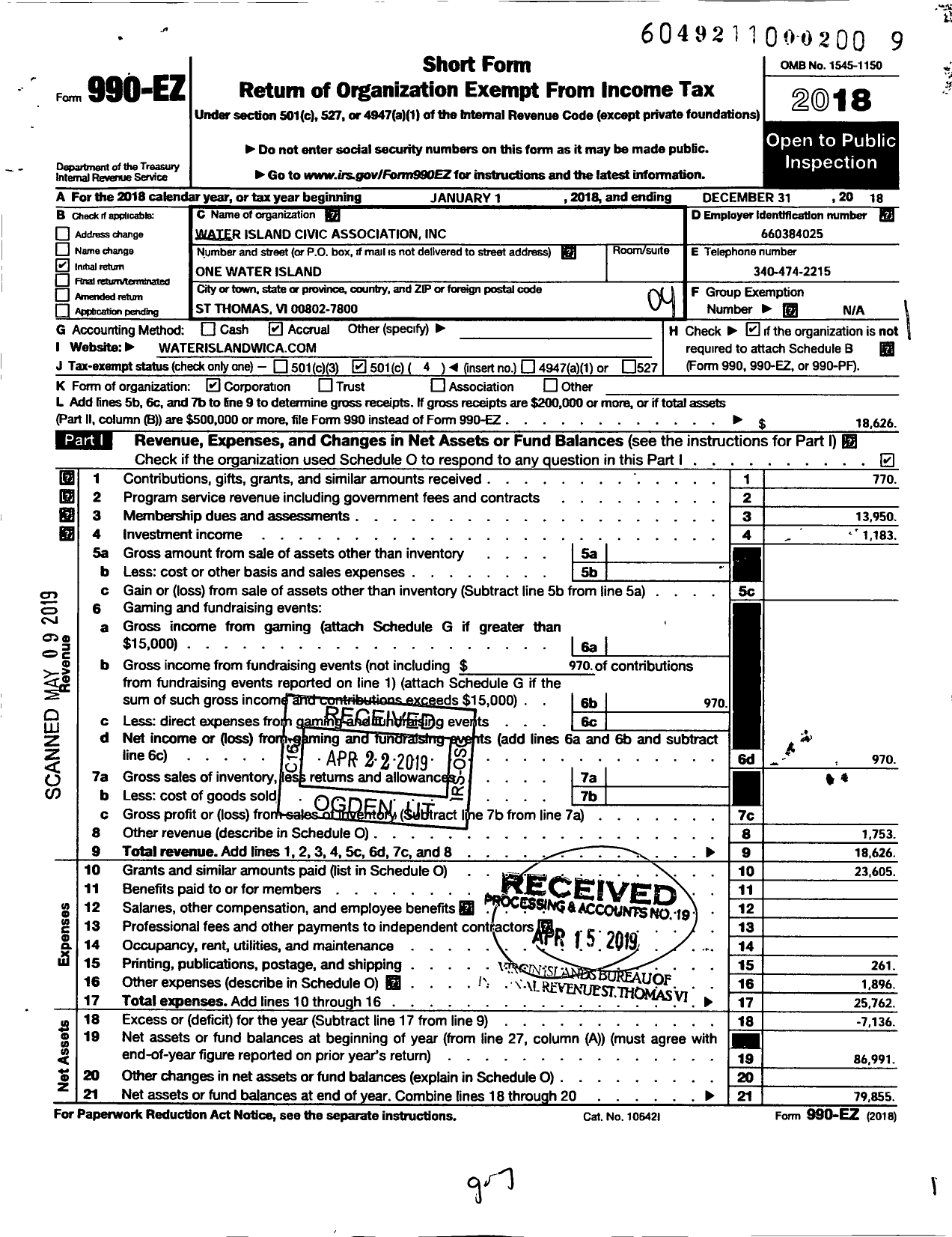 Image of first page of 2018 Form 990EO for Water Island Civic Association Incorporated