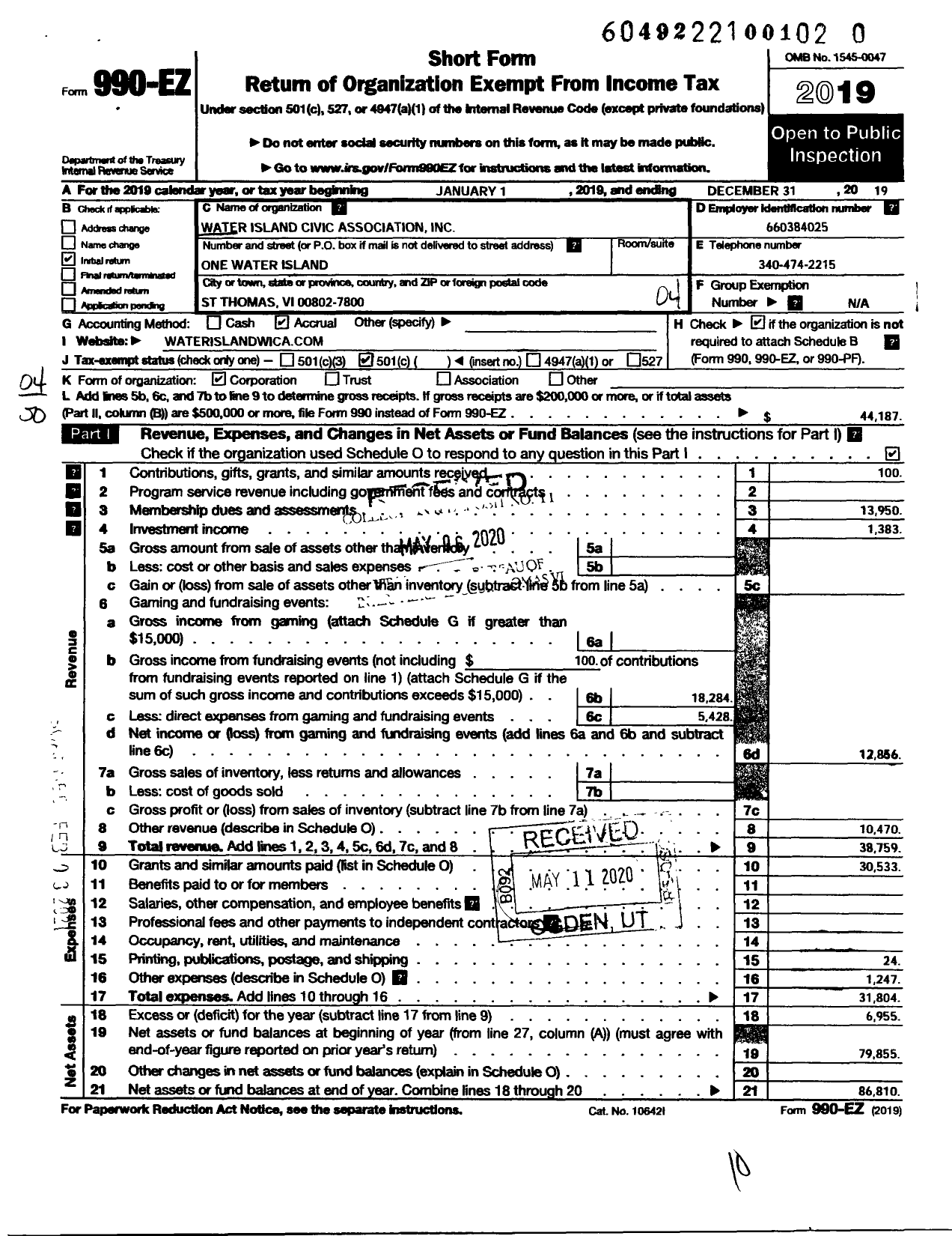 Image of first page of 2019 Form 990EO for Water Island Civic Association Incorporated