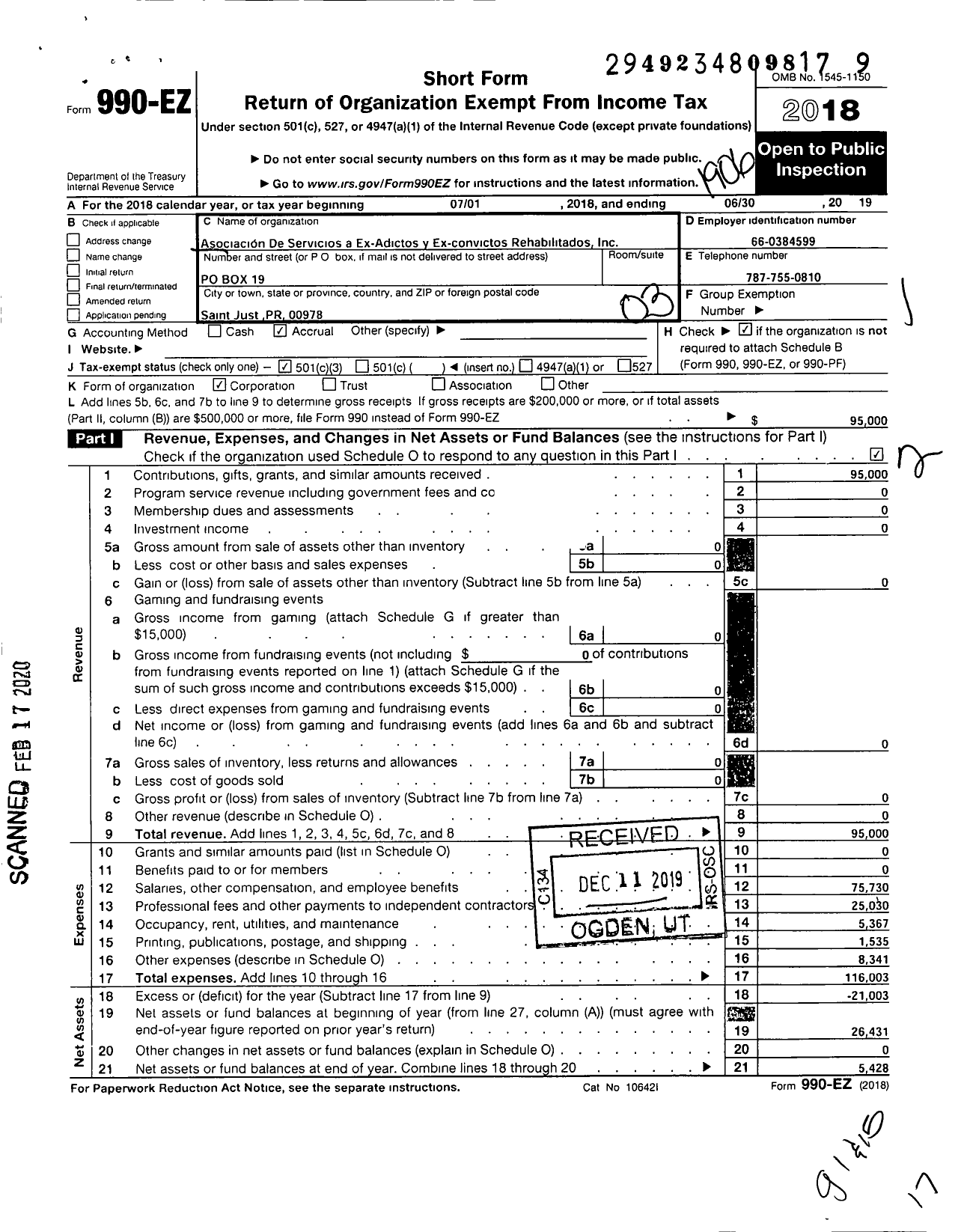 Image of first page of 2018 Form 990EZ for Asociacion de Servicios a Ex-Adicto y Ex-Convictos Rehabilitados