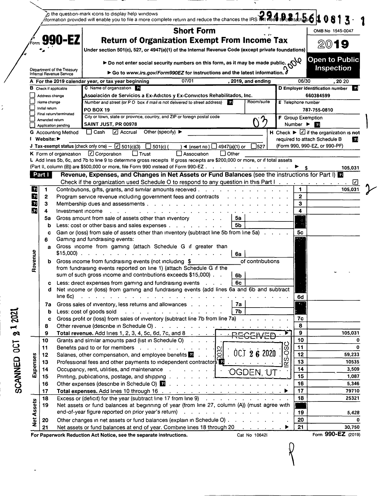 Image of first page of 2019 Form 990EZ for Asociacion de Servicios a Ex-Adicto y Ex-Convictos Rehabilitados