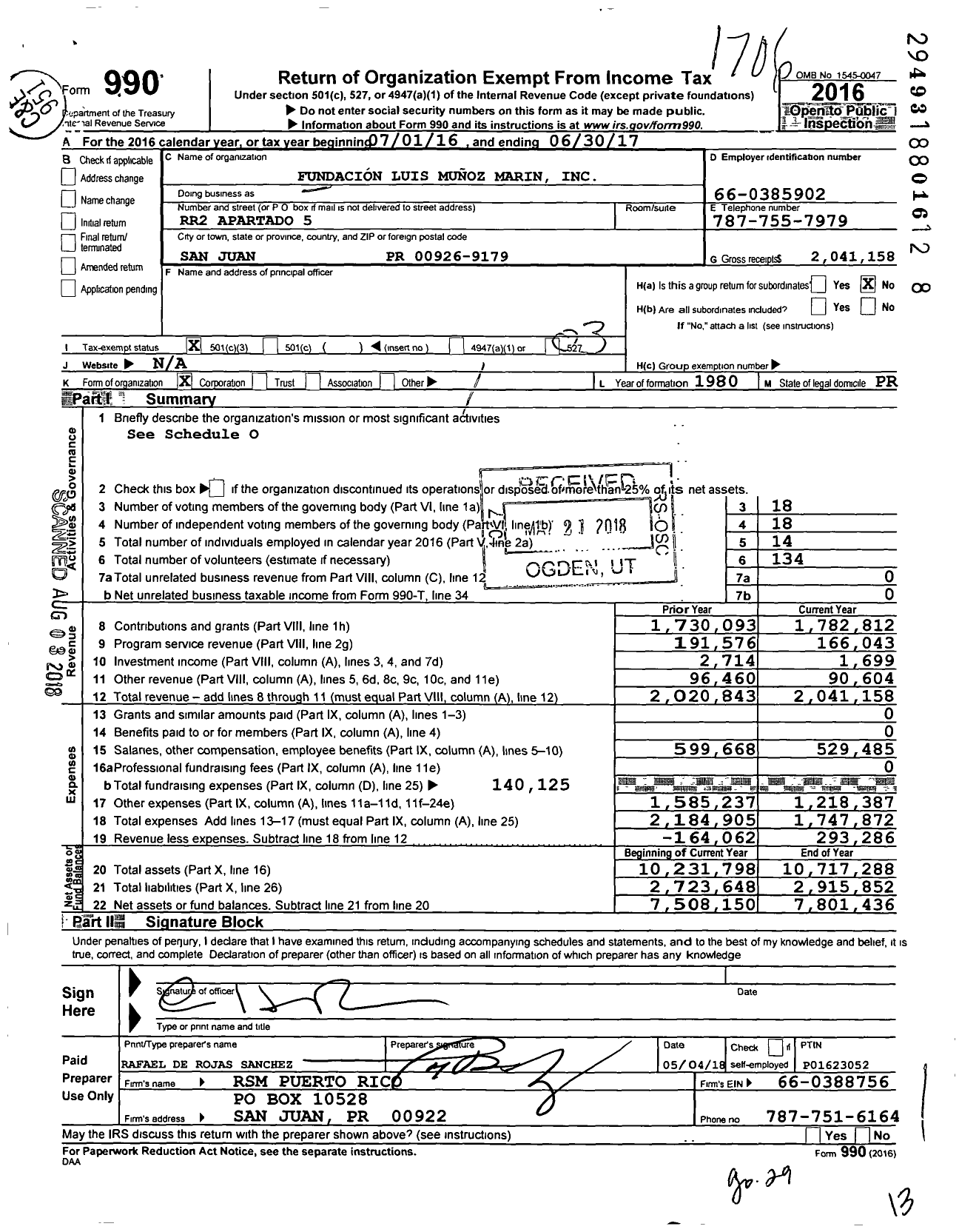 Image of first page of 2016 Form 990 for Fundacion Luis Munoz Marin (FLMM)