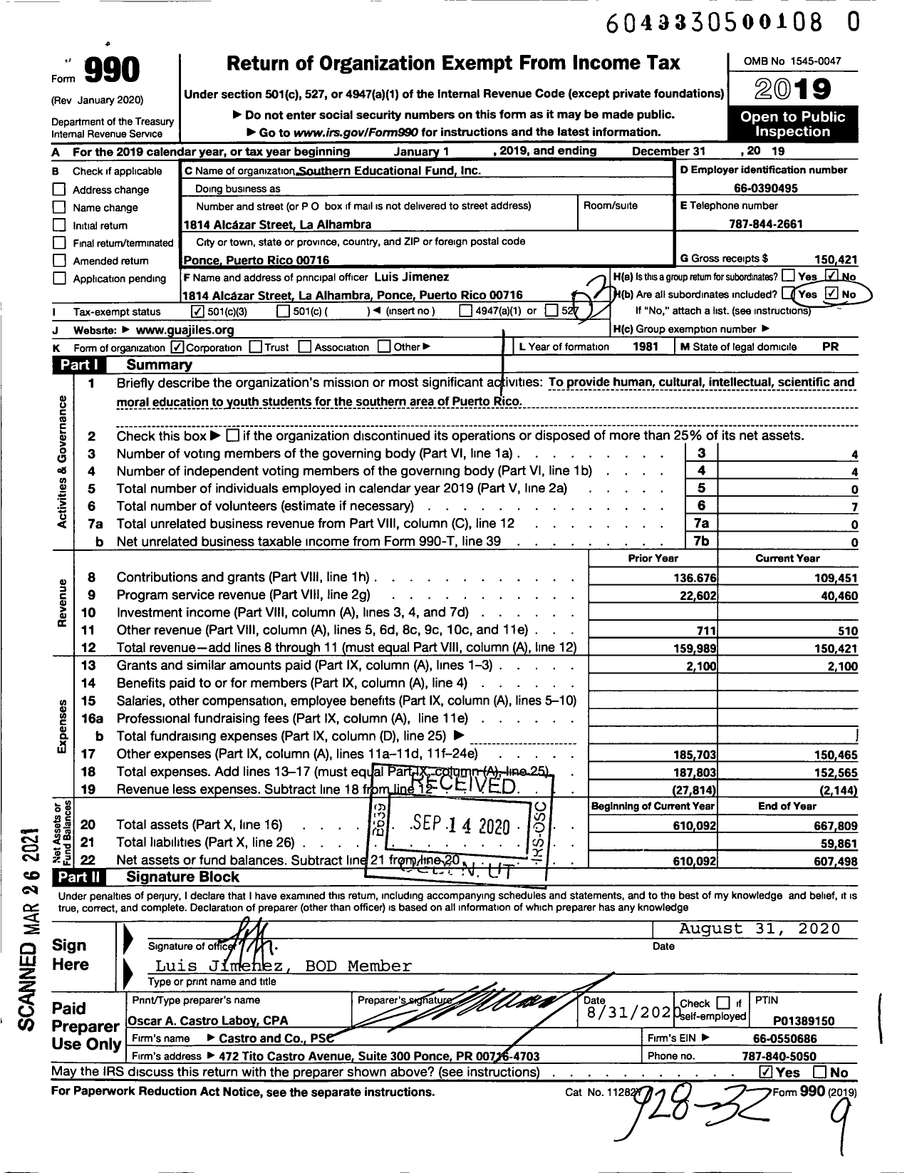 Image of first page of 2019 Form 990 for Southern Educational Fund