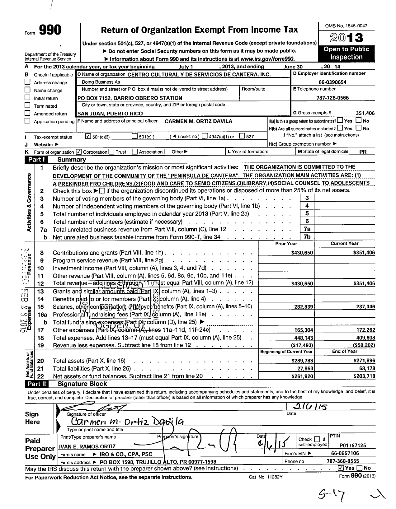 Image of first page of 2013 Form 990 for Centro Cultural Y de Servicios de Cantera