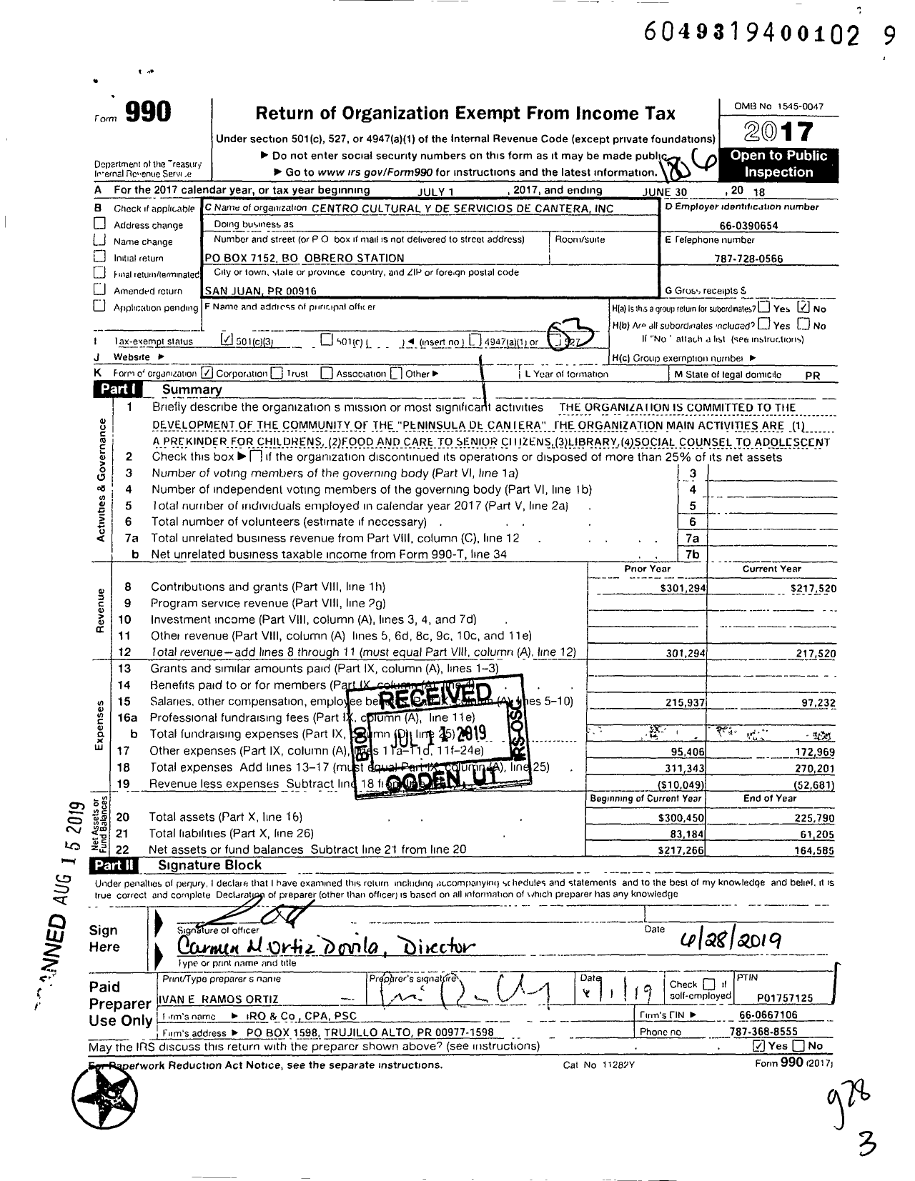 Image of first page of 2017 Form 990 for Centro Cultural Y de Servicios de Cantera