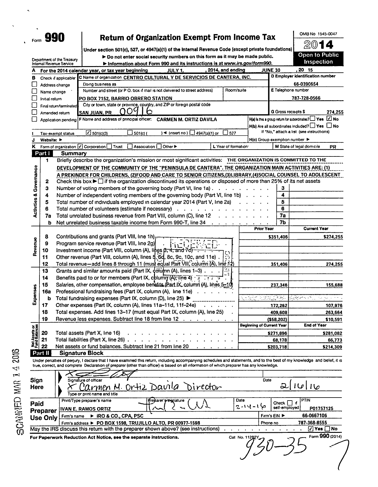 Image of first page of 2014 Form 990 for Centro Cultural Y de Servicios de Cantera