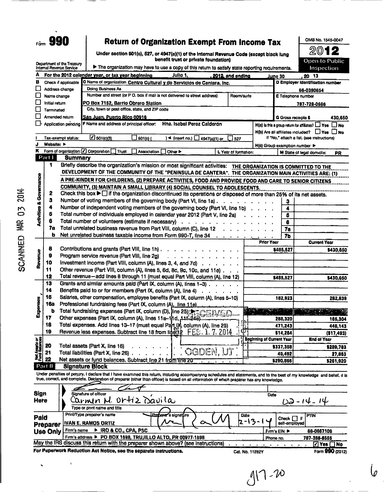 Image of first page of 2012 Form 990 for Centro Cultural Y de Servicios de Cantera