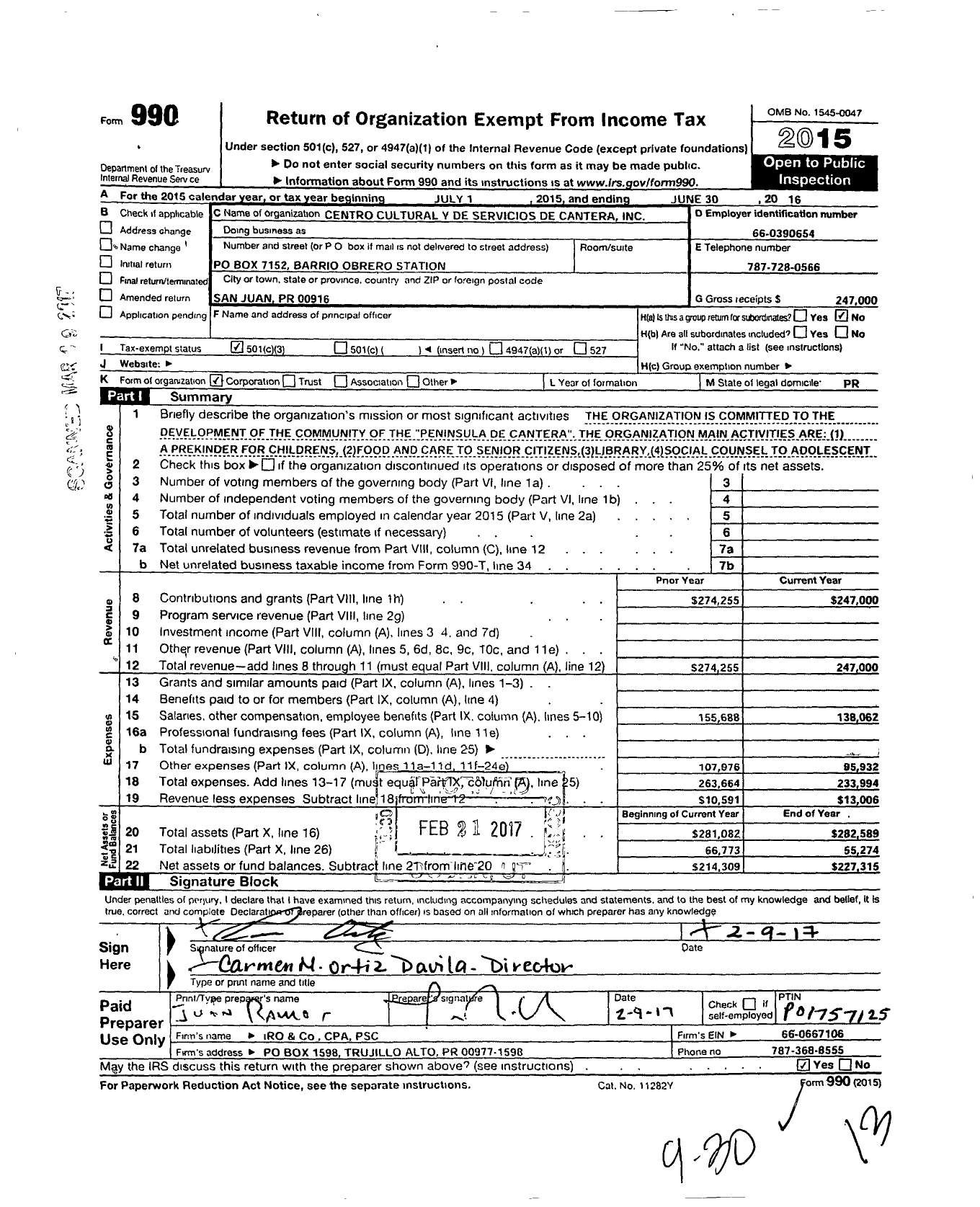 Image of first page of 2015 Form 990 for Centro Cultural Y de Servicios de Cantera