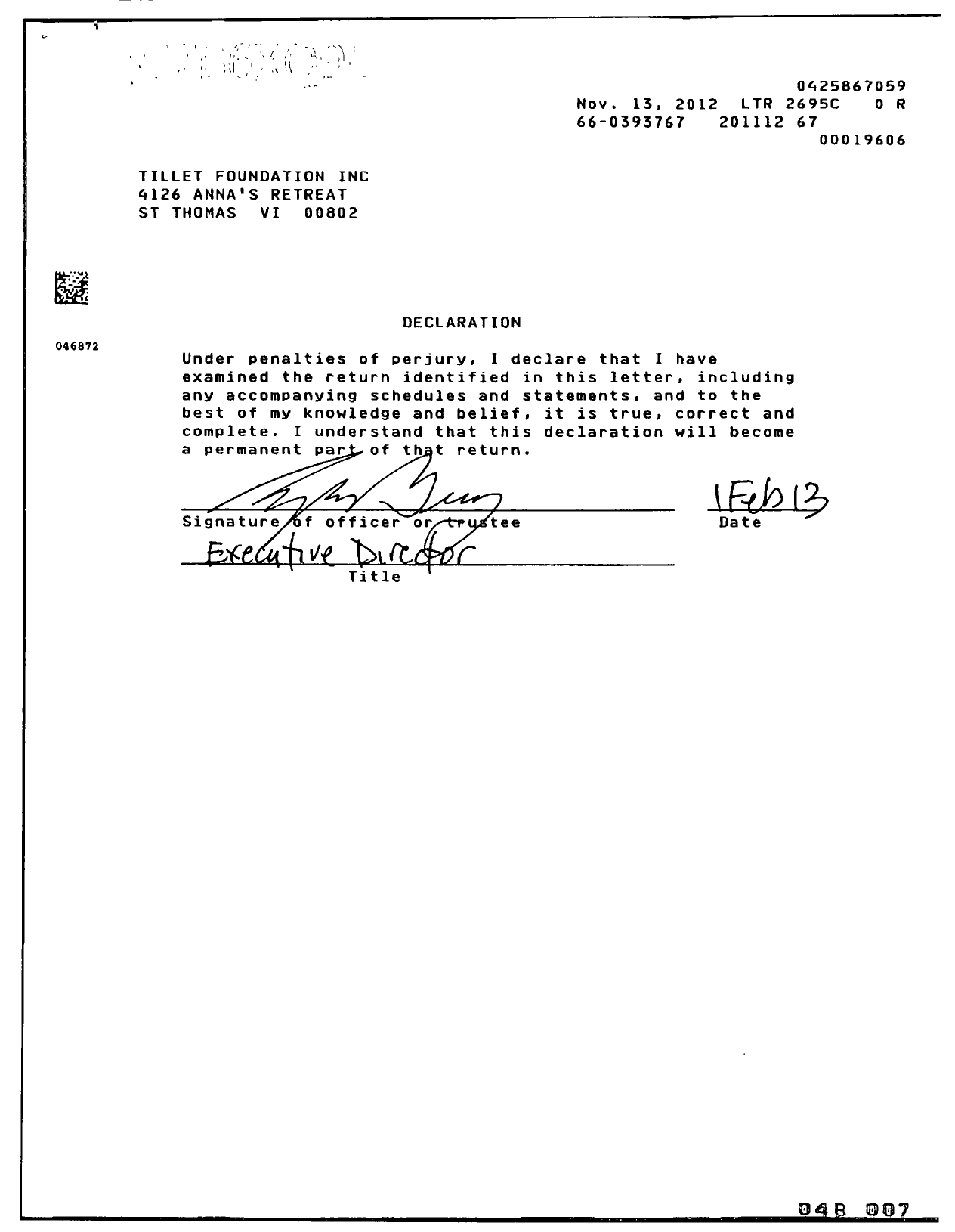 Image of first page of 2011 Form 990ER for Tillett Foundation