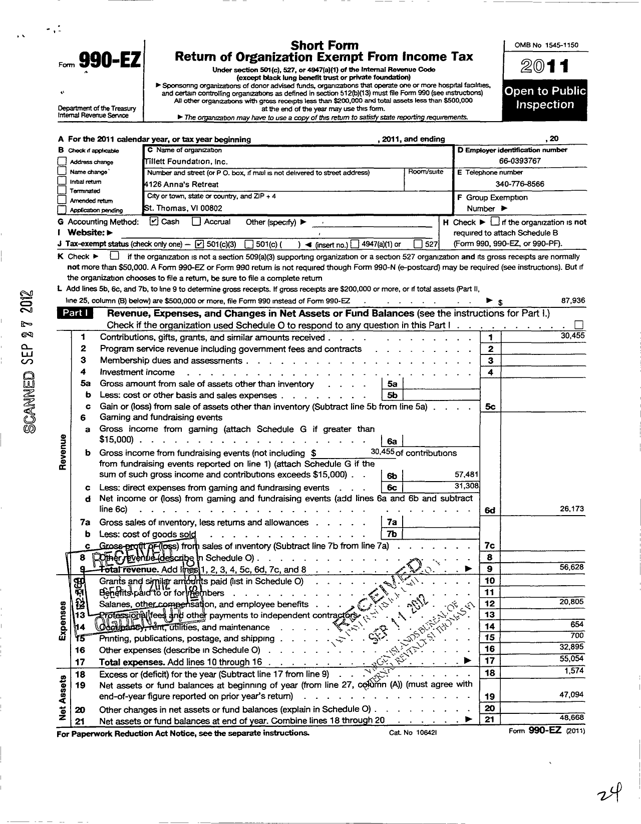 Image of first page of 2011 Form 990EZ for Tillett Foundation