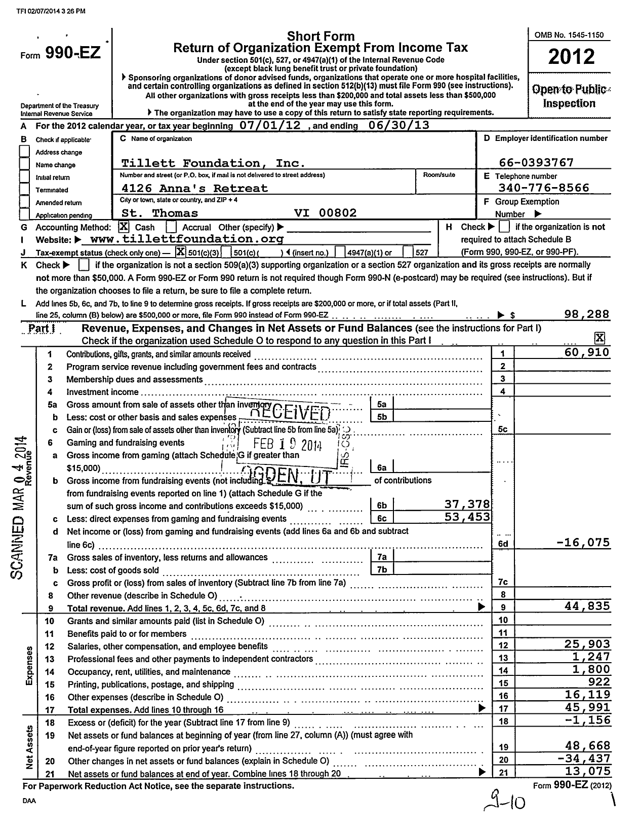 Image of first page of 2012 Form 990EZ for Tillett Foundation