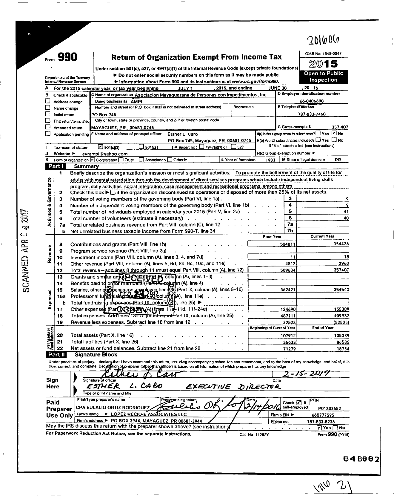 Image of first page of 2015 Form 990 for Asociacion Mayaguezana de Personas Con Impedimentos