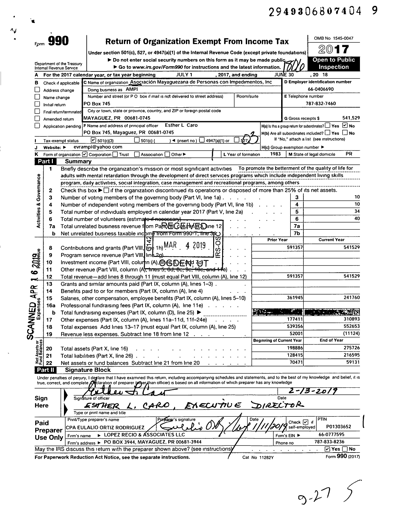 Image of first page of 2017 Form 990 for Asociacion Mayaguezana de Personas Con Impedimentos