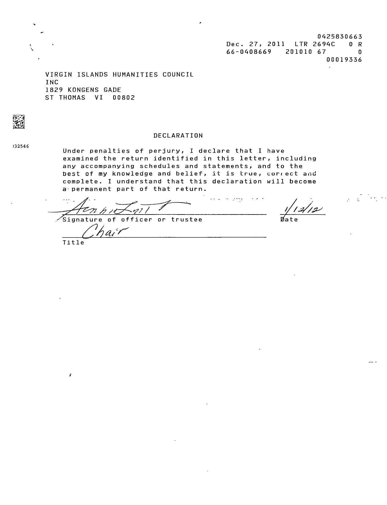 Image of first page of 2009 Form 990R for Virgin Islands Humanities Council