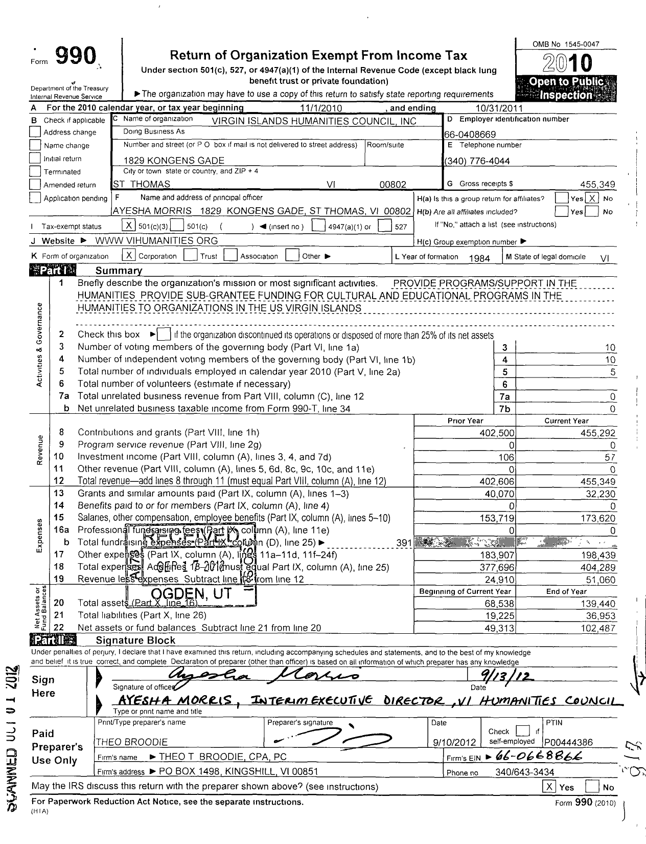 Image of first page of 2010 Form 990 for Virgin Islands Humanities Council