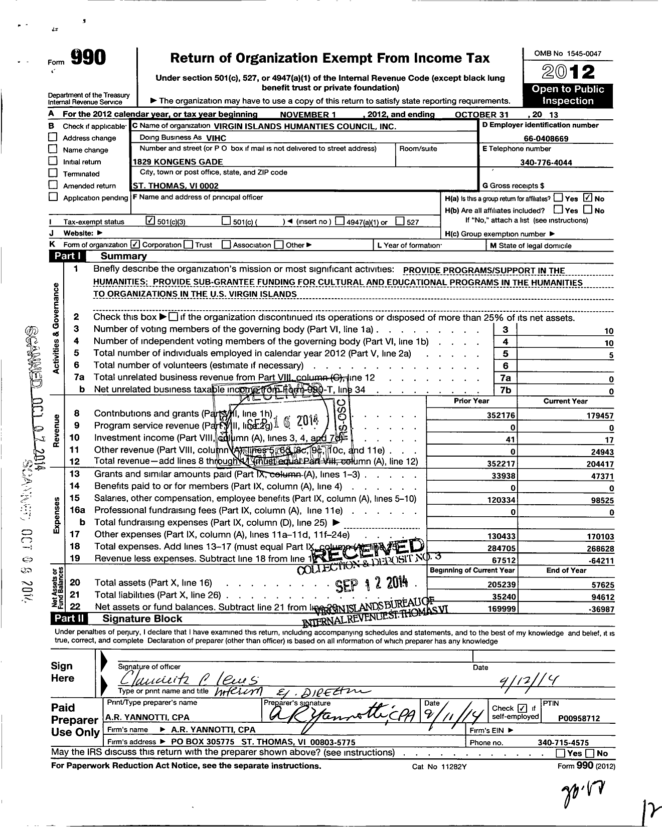 Image of first page of 2012 Form 990 for Virgin Islands Humanities Council