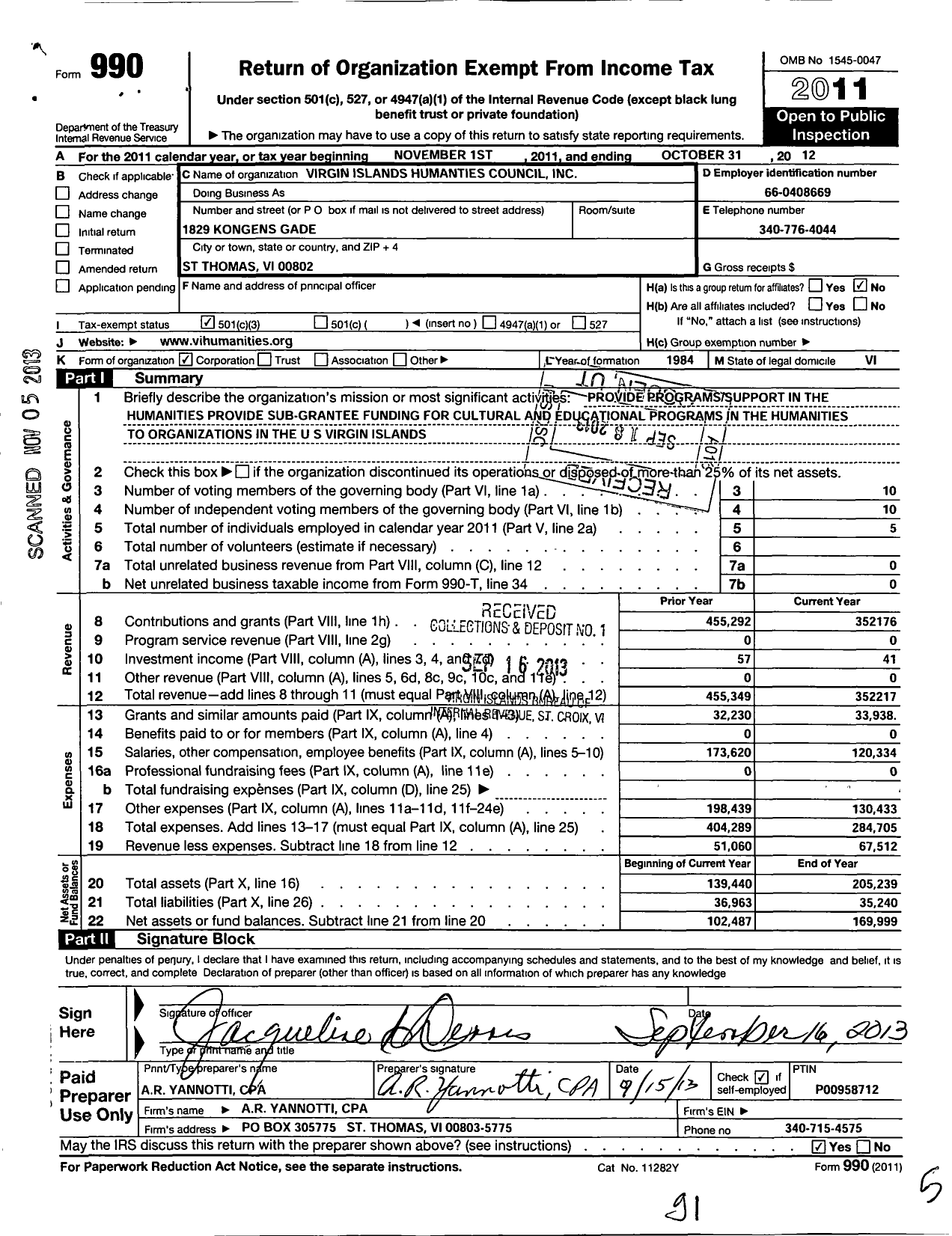 Image of first page of 2011 Form 990 for Virgin Islands Humanities Council