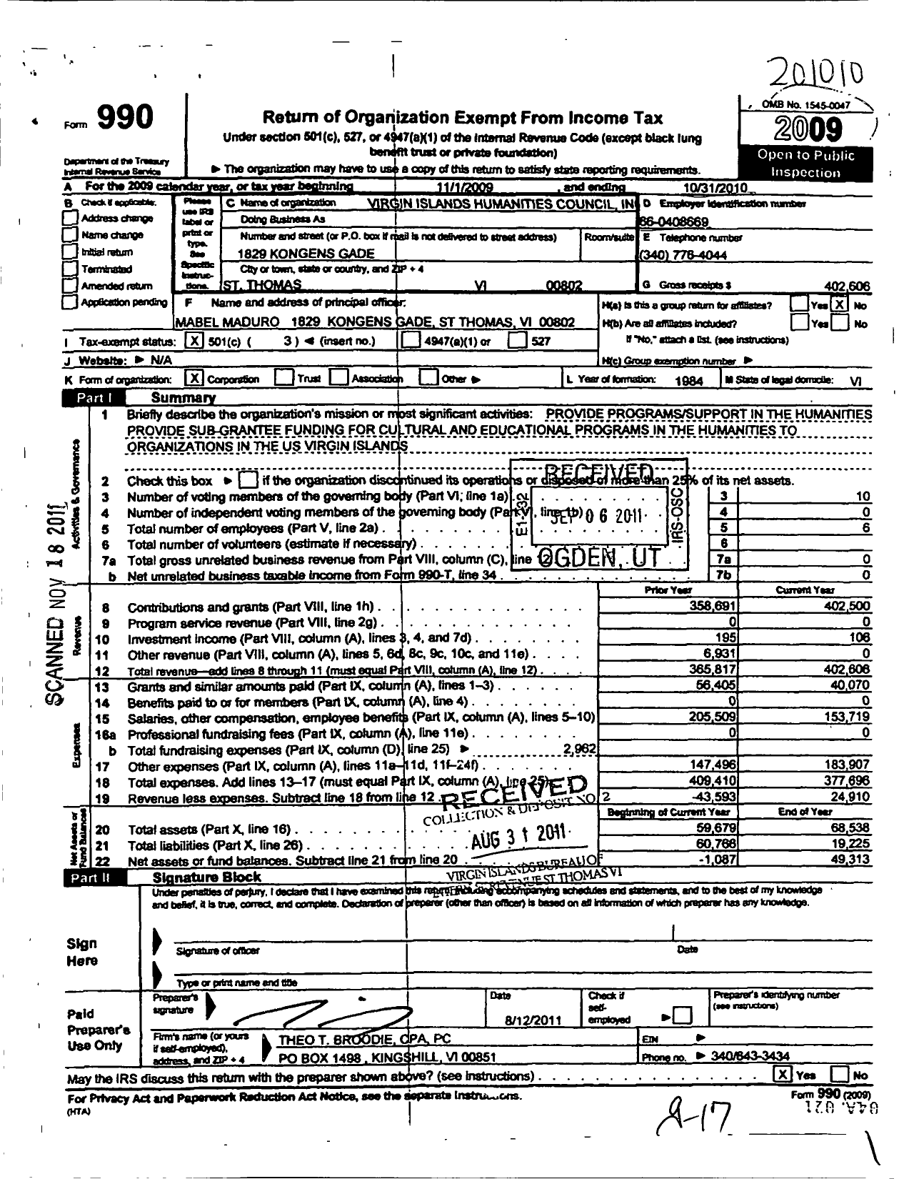 Image of first page of 2009 Form 990 for Virgin Islands Humanities Council