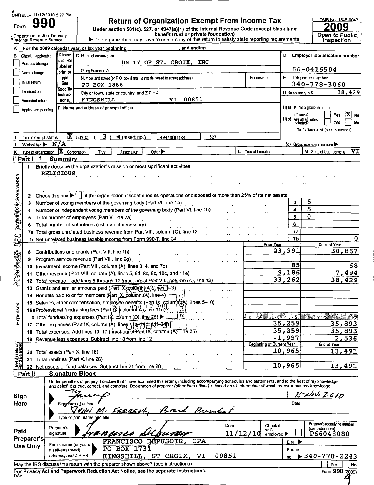 Image of first page of 2009 Form 990 for Unity of St Croix