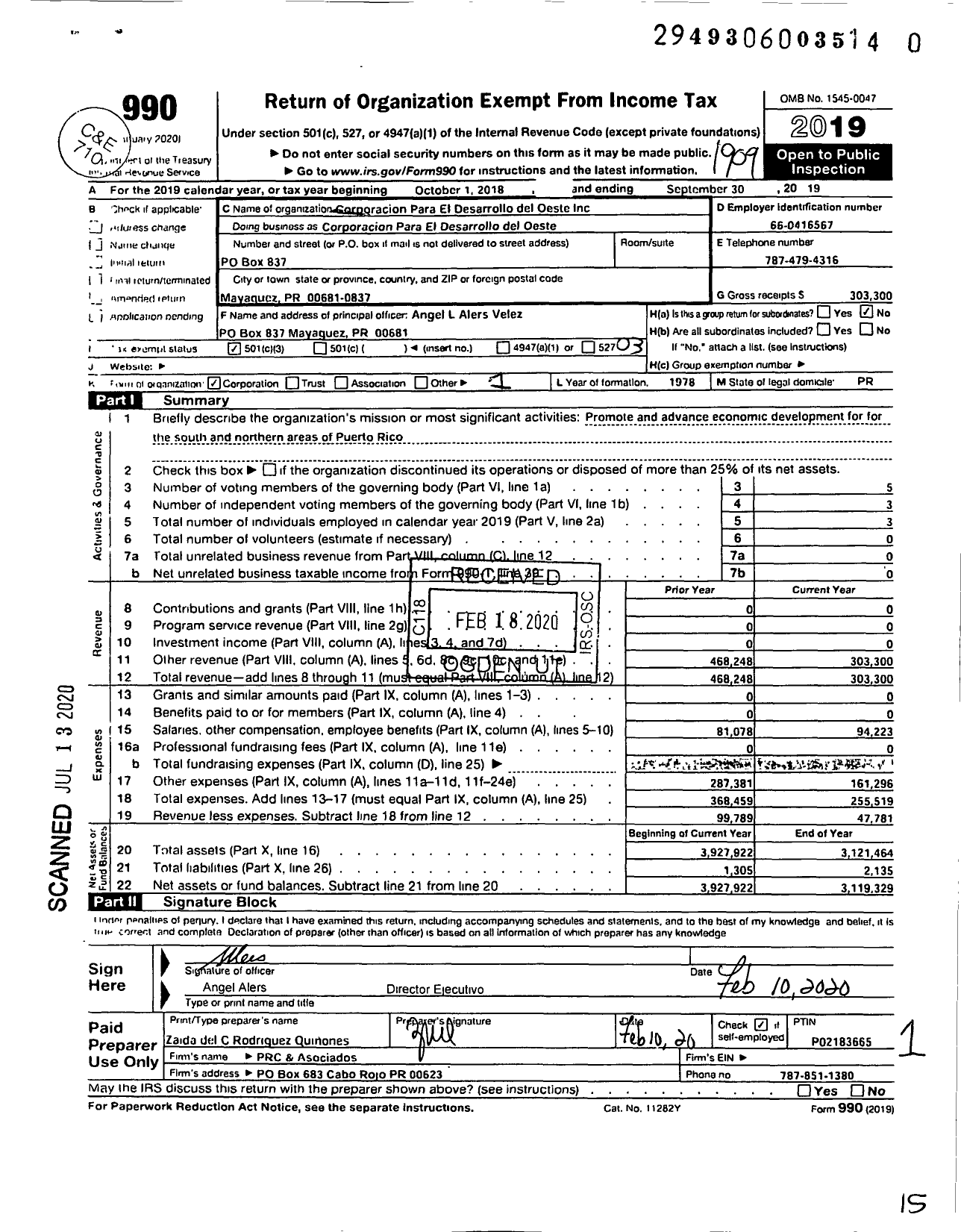 Image of first page of 2018 Form 990 for Corporacion Para El Desarrollo DEL OESTE