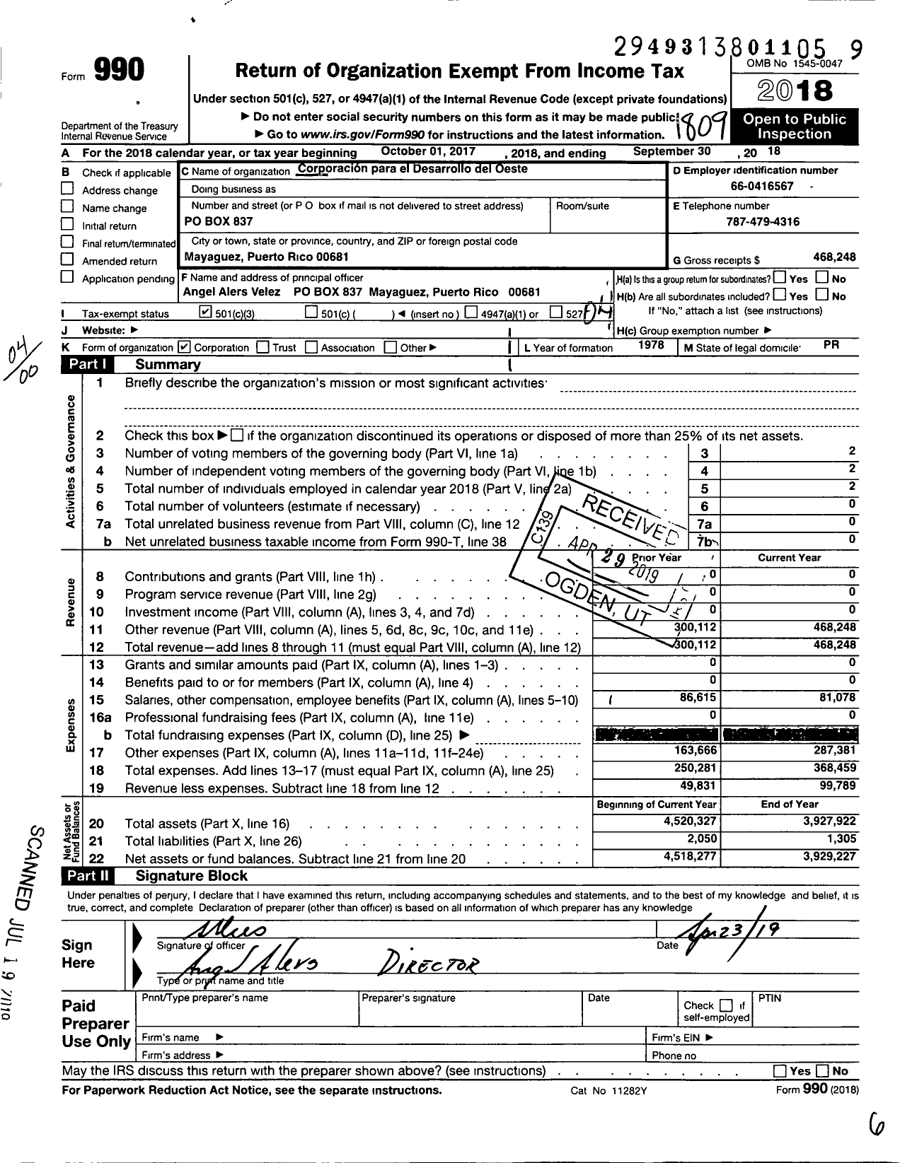 Image of first page of 2017 Form 990O for Corporacion Para El Desarrollo DEL OESTE