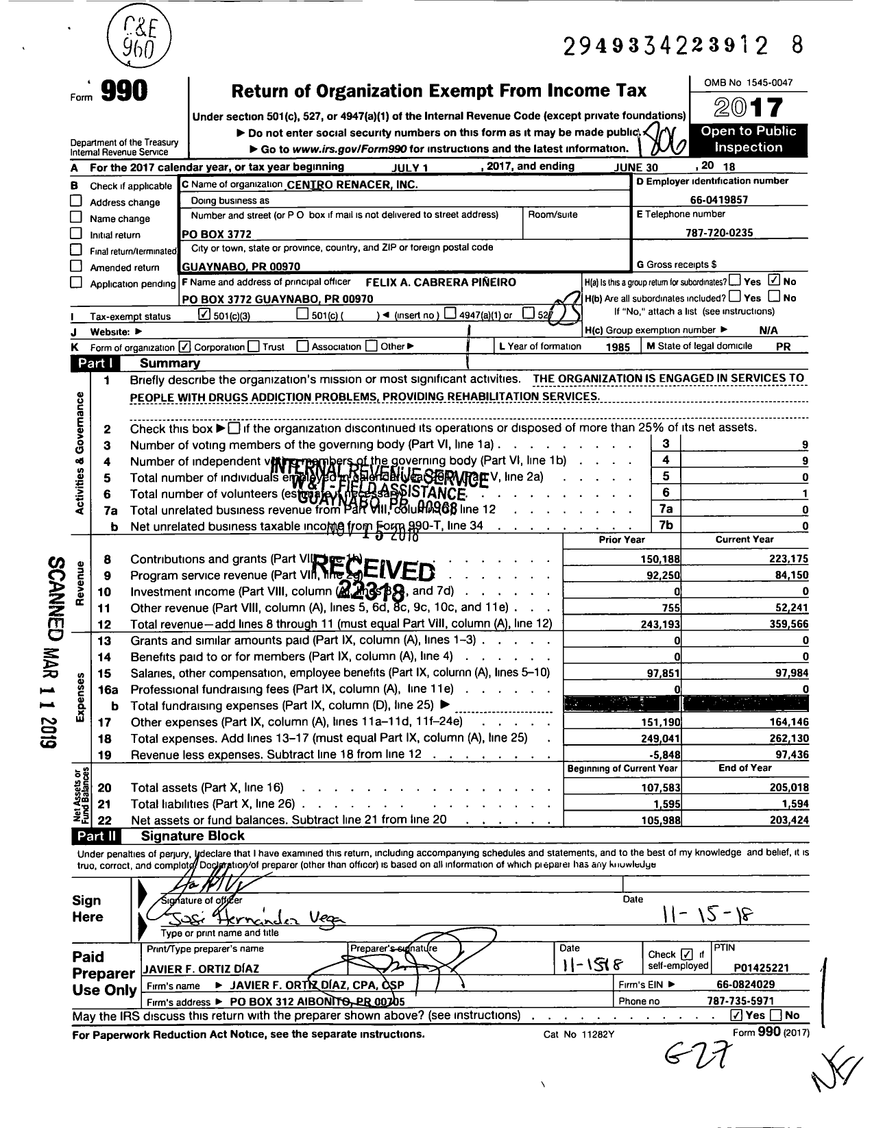 Image of first page of 2017 Form 990 for Centro Renacer