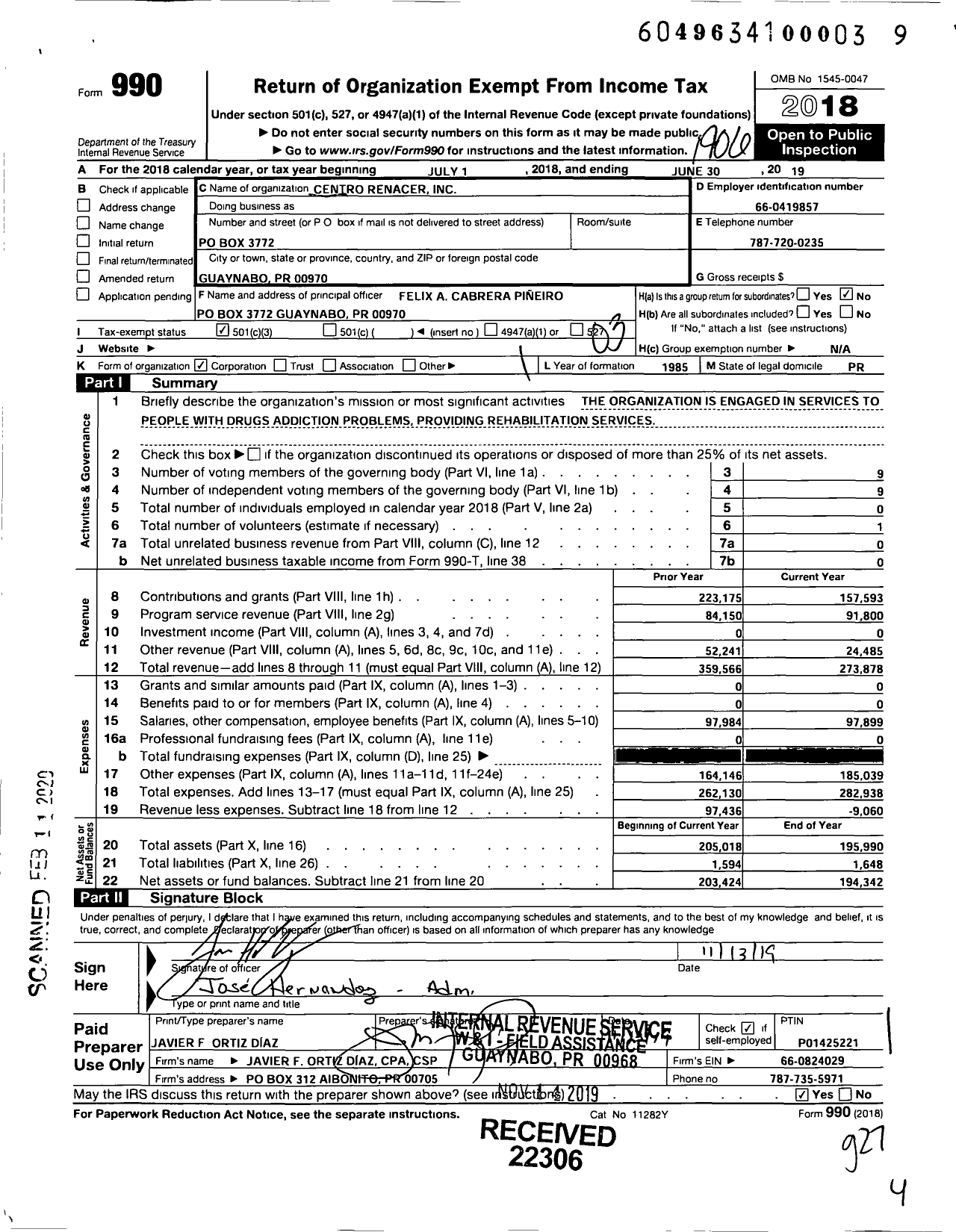 Image of first page of 2018 Form 990 for Centro Renacer