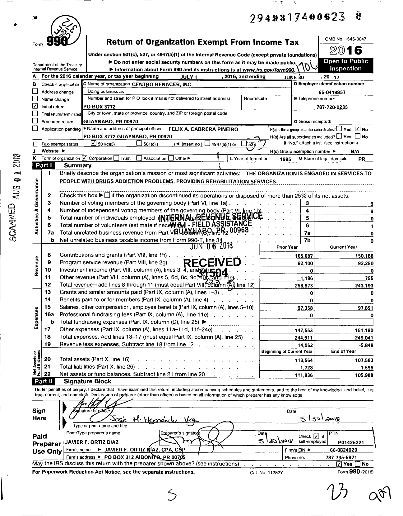 Image of first page of 2016 Form 990 for Centro Renacer