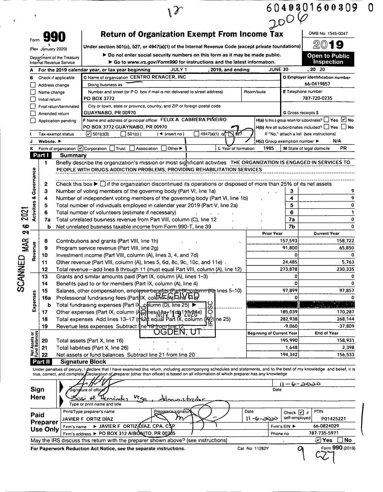 Image of first page of 2019 Form 990 for Centro Renacer