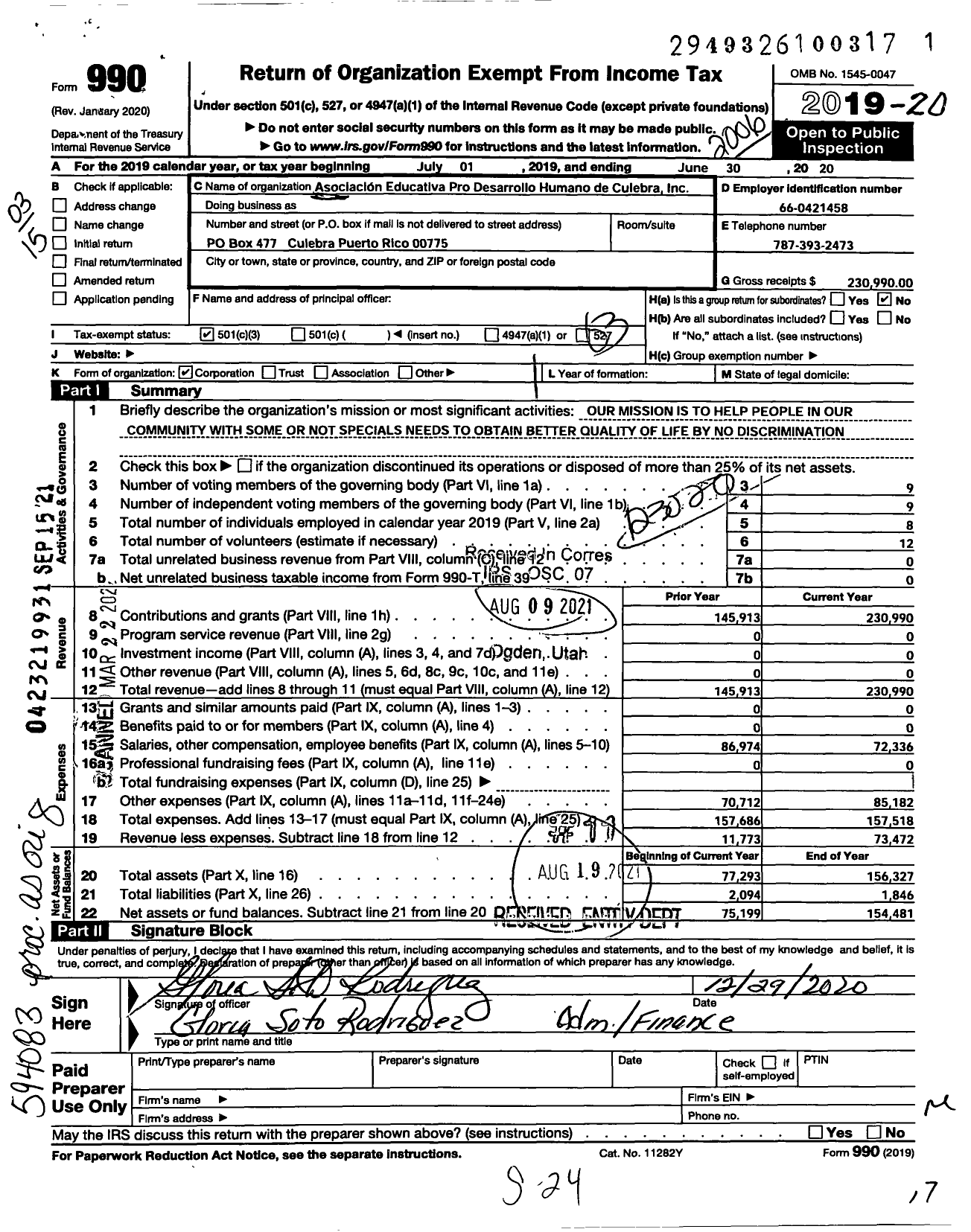 Image of first page of 2019 Form 990 for Asociacion Educativa Pro-Desarrollo Humano de Culebra