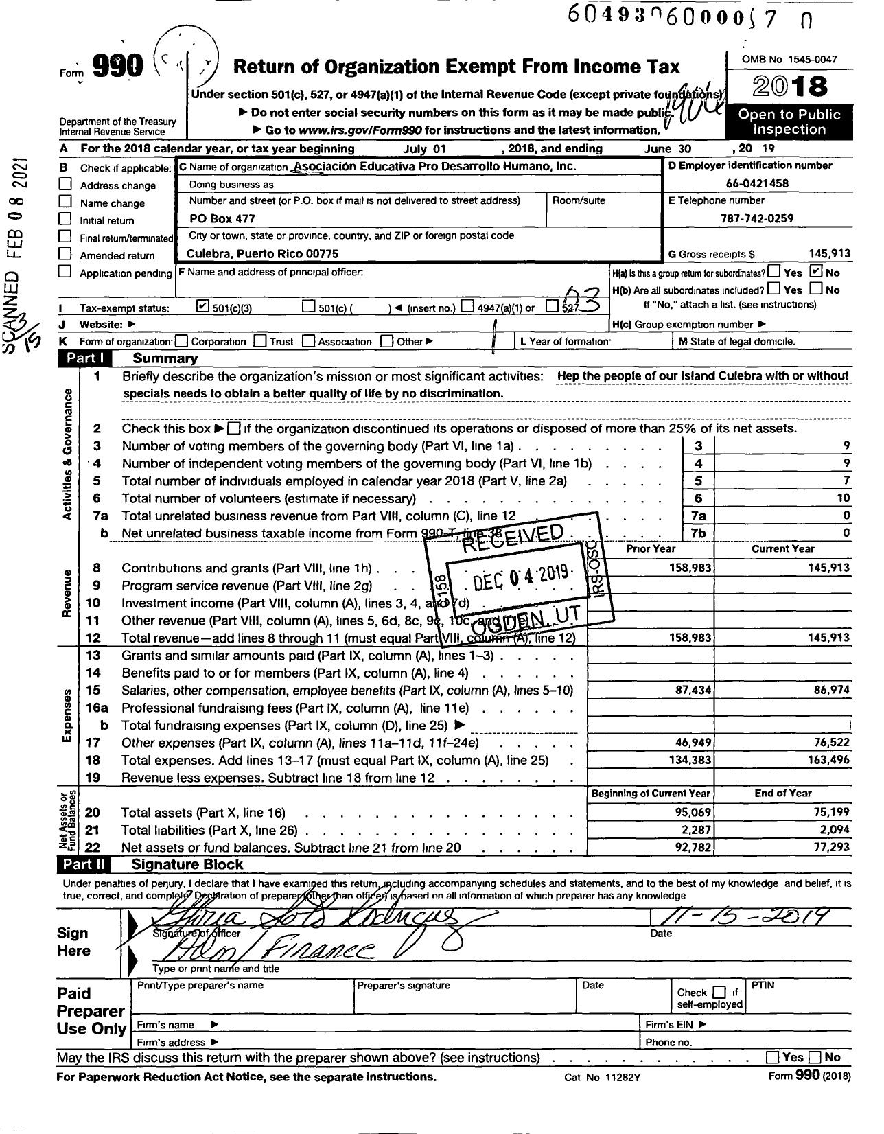 Image of first page of 2018 Form 990 for Asociacion Educativa Pro-Desarrollo Humano de Culebra