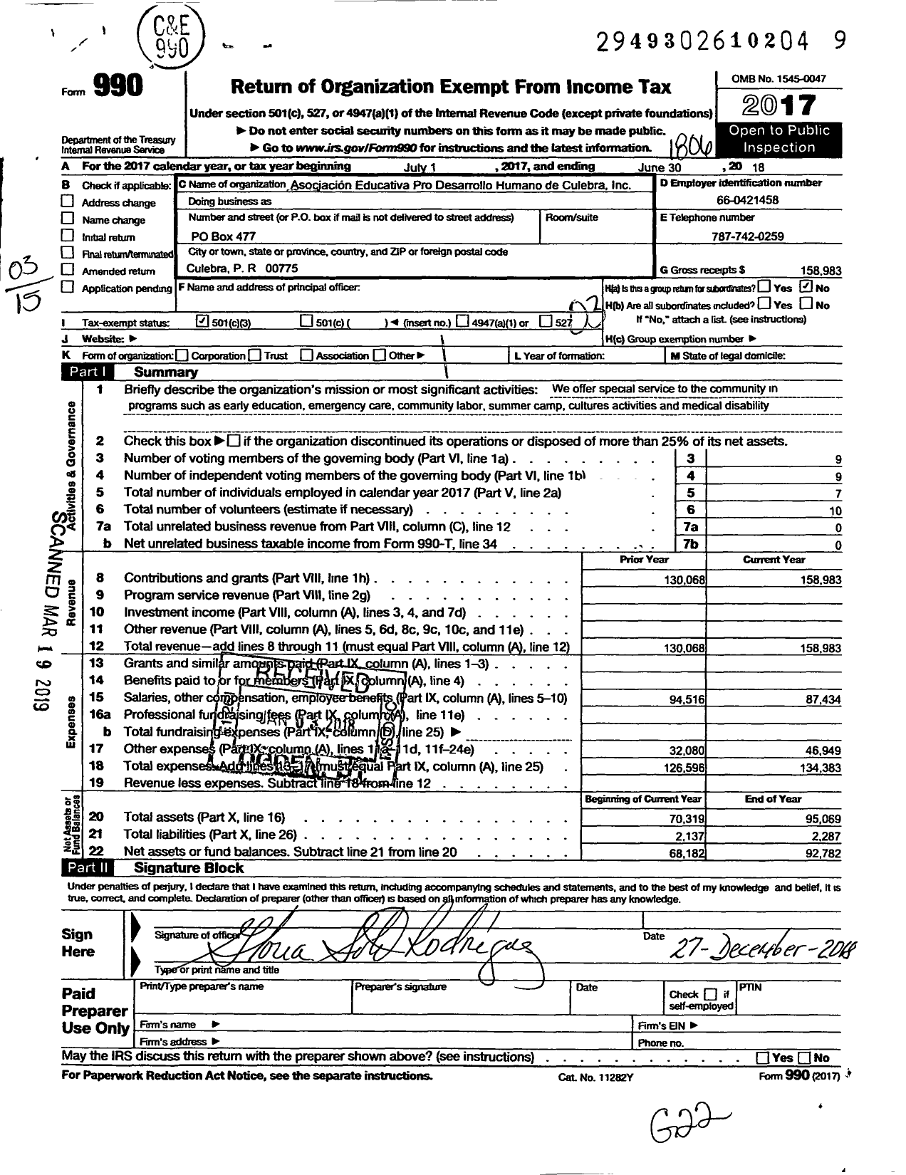 Image of first page of 2017 Form 990 for Asociacion Educativa Pro-Desarrollo Humano de Culebra