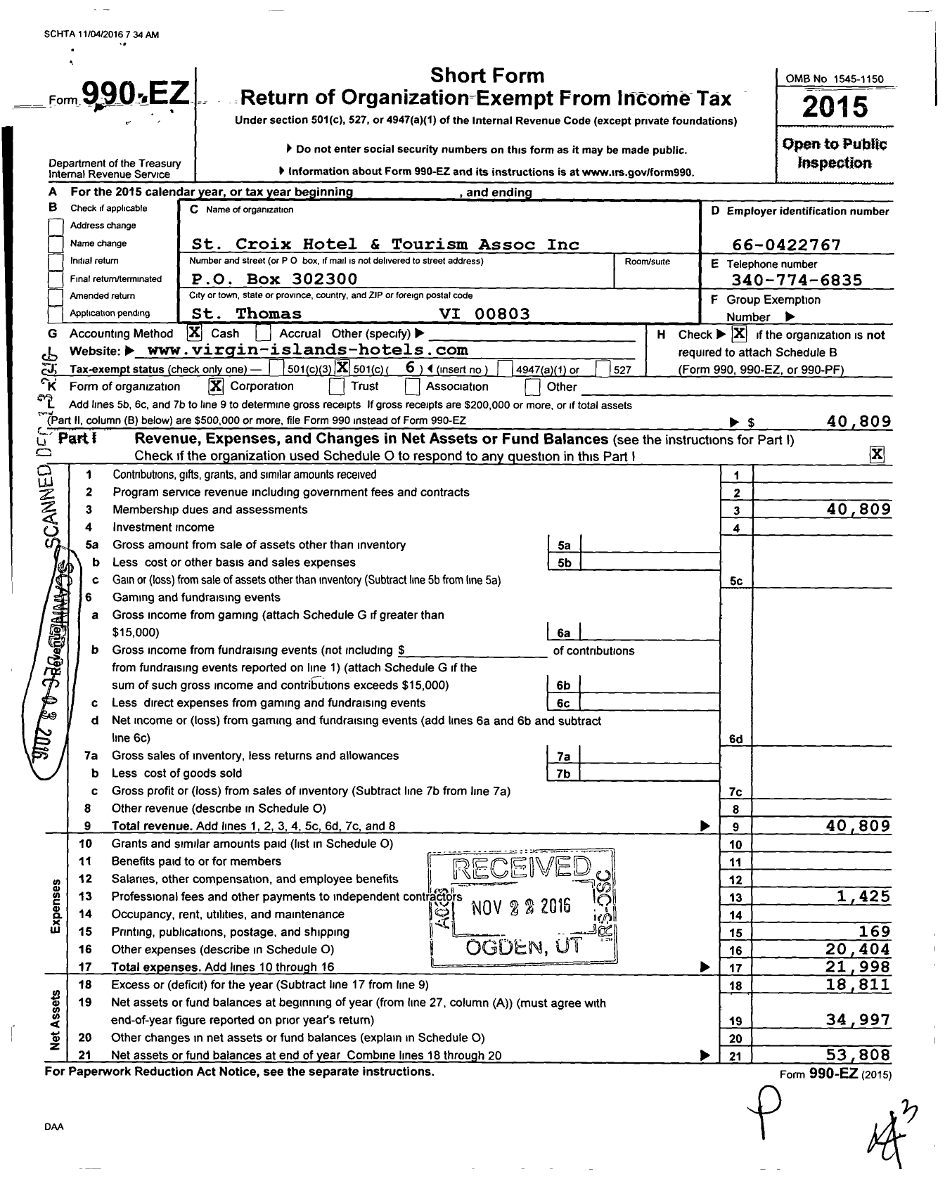Image of first page of 2015 Form 990EO for St Croix Hotel and Tourism Association