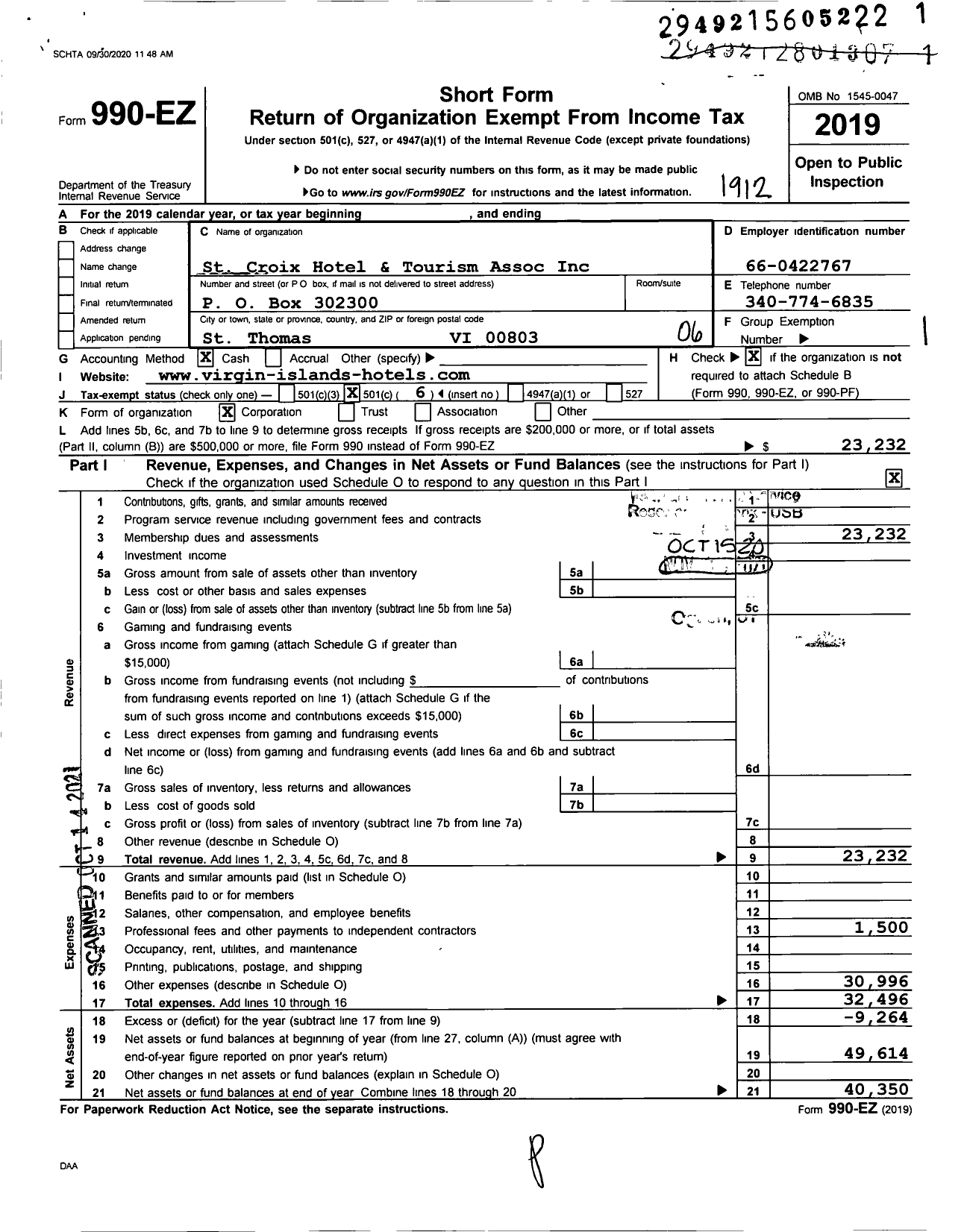 Image of first page of 2019 Form 990EO for St Croix Hotel and Tourism Association