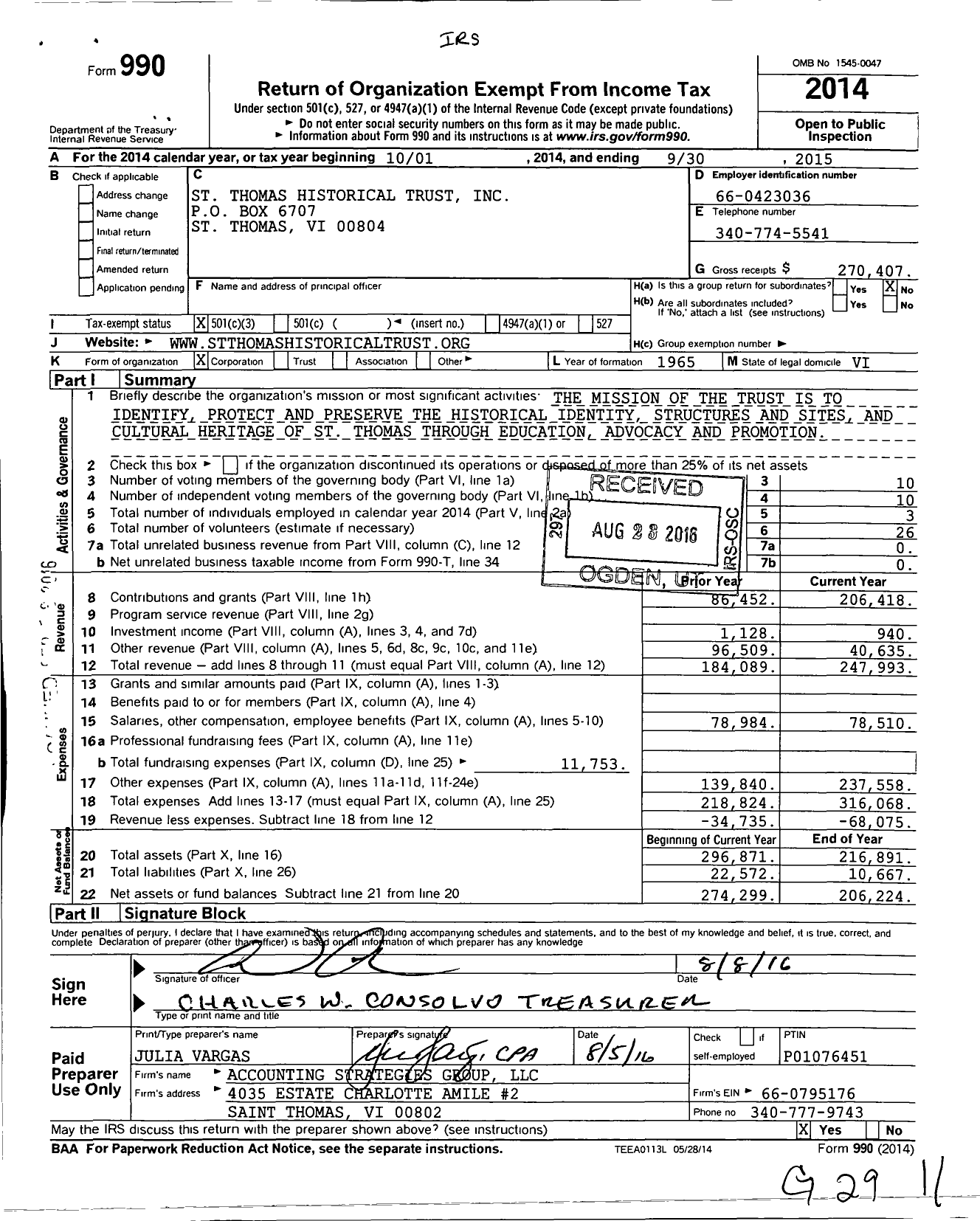 Image of first page of 2014 Form 990 for St Thomas Historical Trust