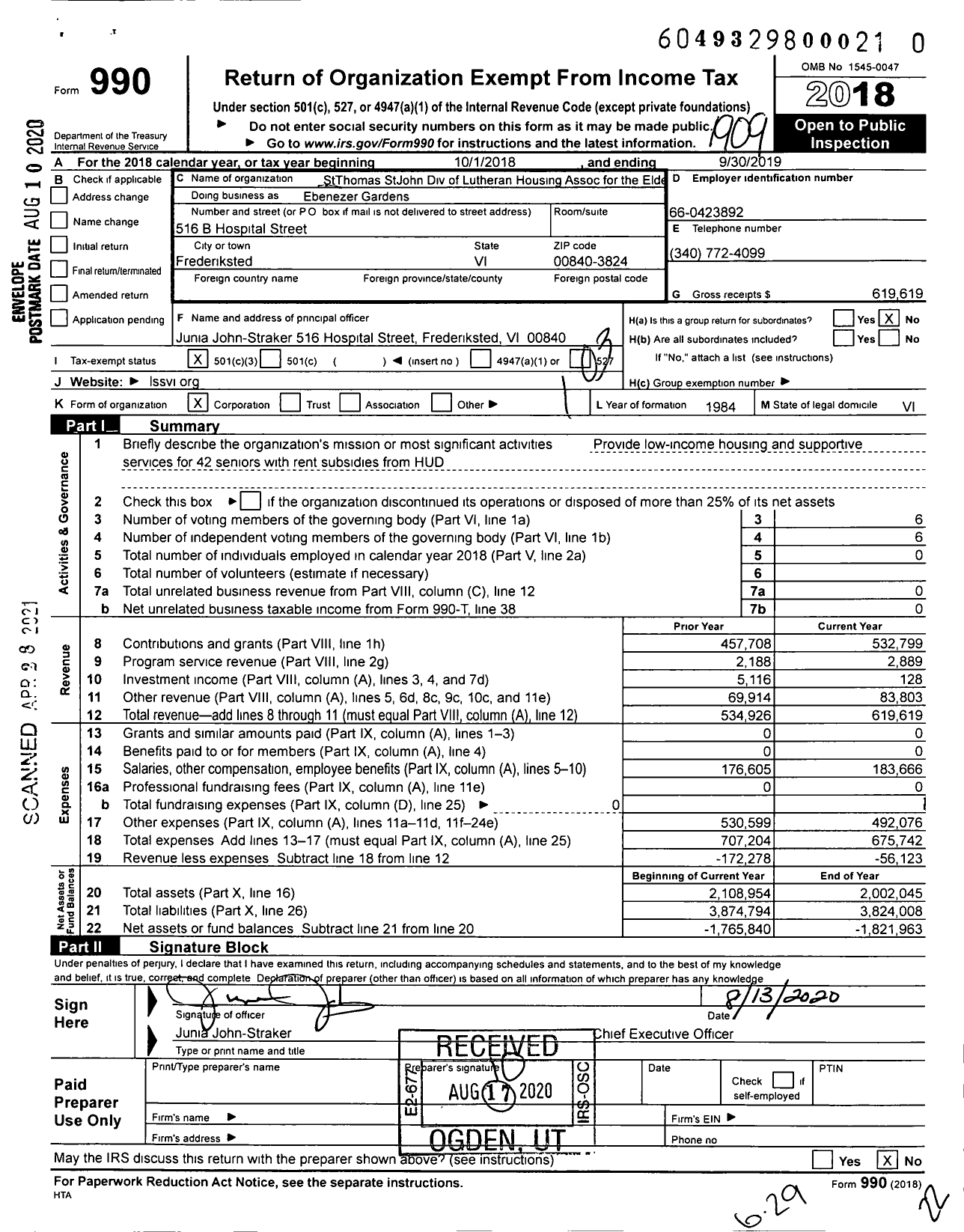 Image of first page of 2018 Form 990 for Ebenezer Gardens