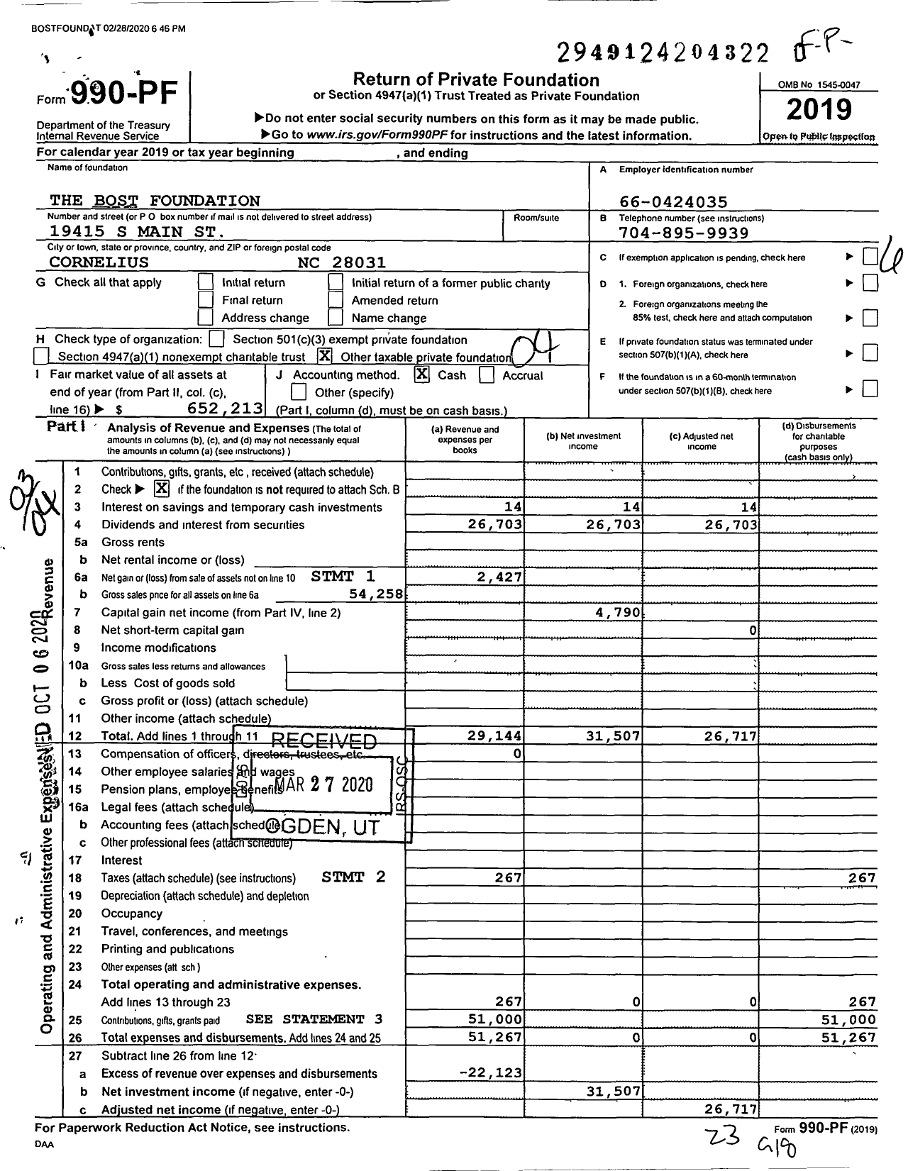 Image of first page of 2019 Form 990PR for The Bost Foundation