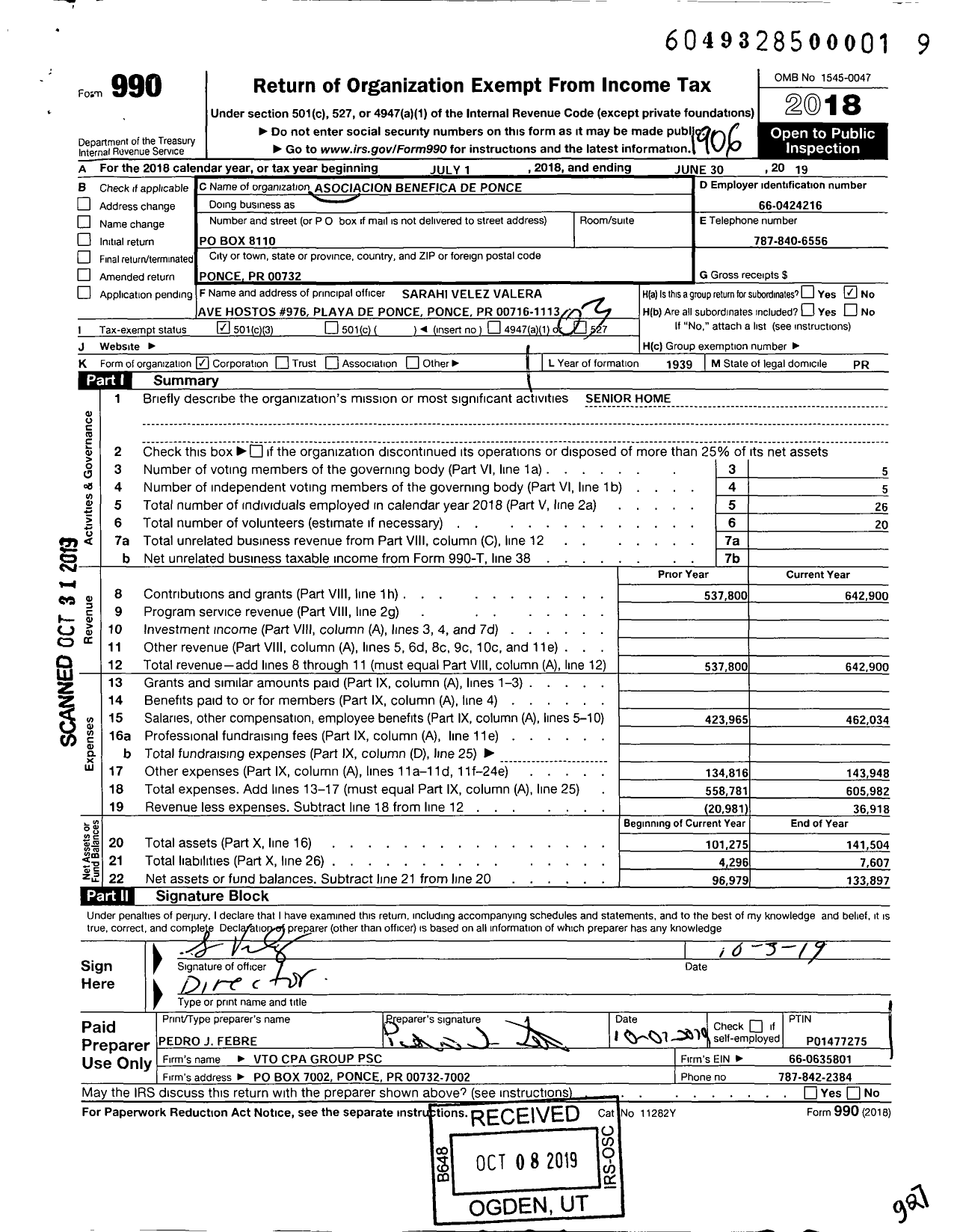 Image of first page of 2018 Form 990 for Asociacion Benefica de Ponce