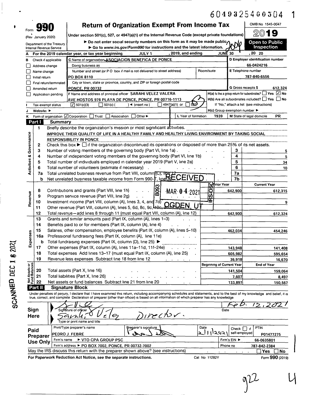 Image of first page of 2019 Form 990 for Asociacion Benefica de Ponce