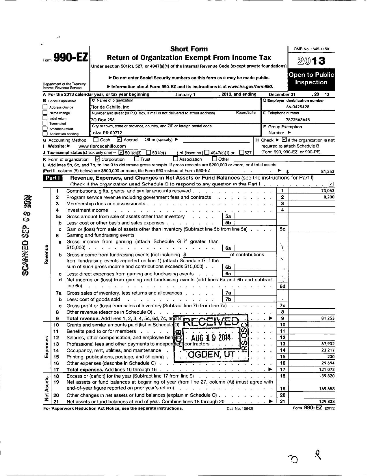 Image of first page of 2013 Form 990EZ for Flor de Cahillo