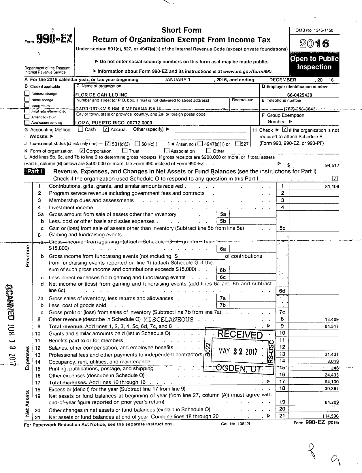 Image of first page of 2016 Form 990EZ for Flor de Cahillo