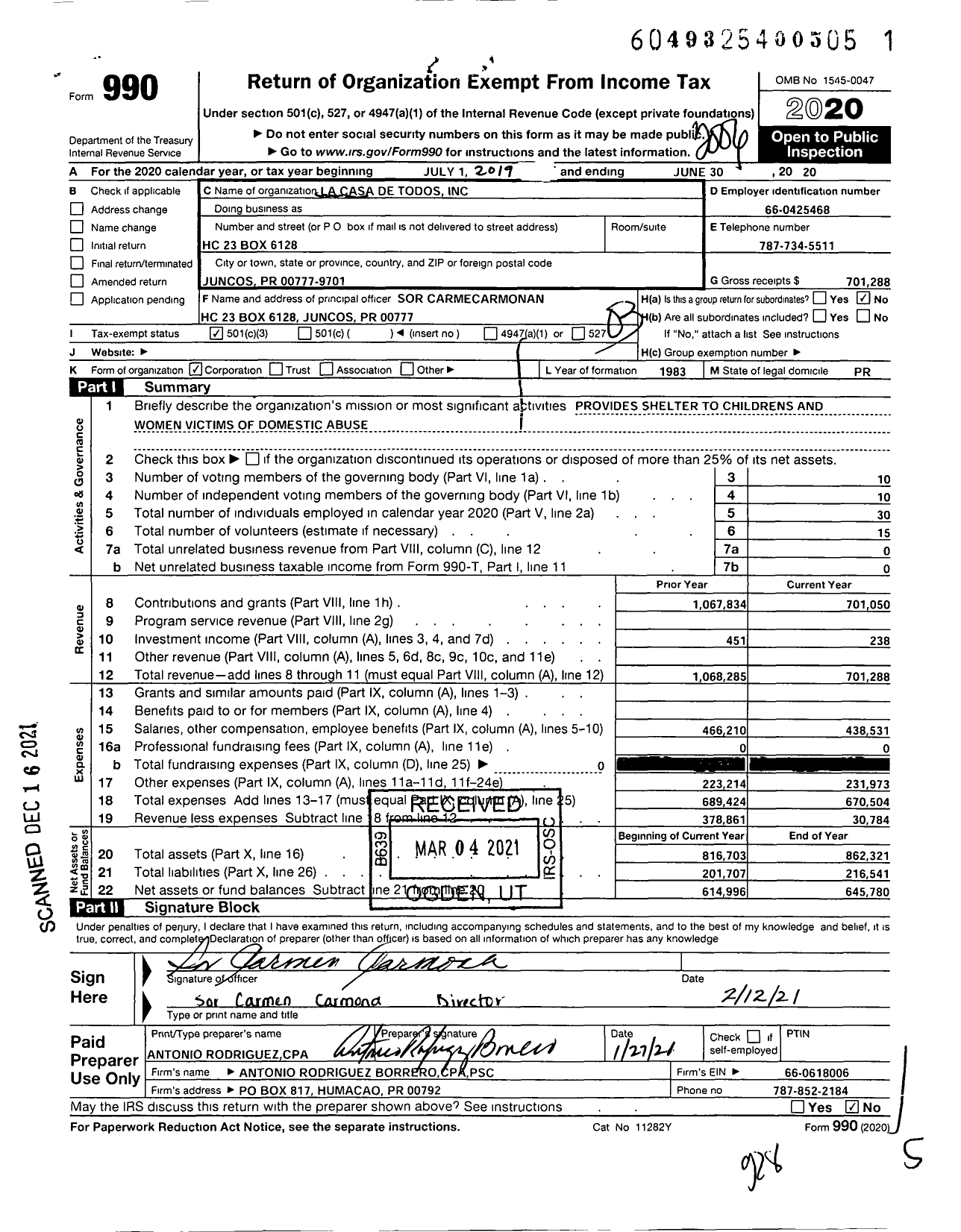 Image of first page of 2019 Form 990 for La Casa de Todos