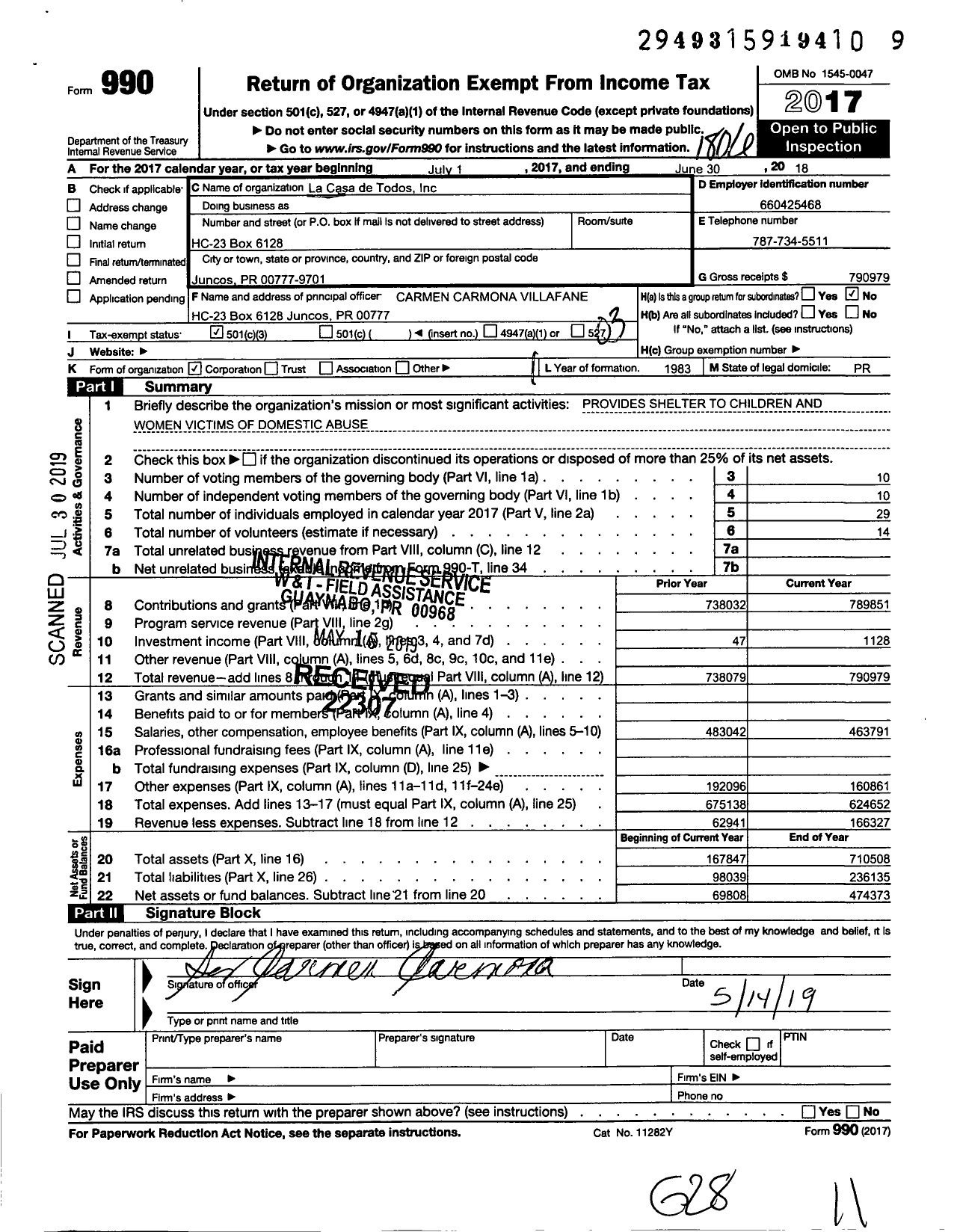 Image of first page of 2017 Form 990 for La Casa de Todos